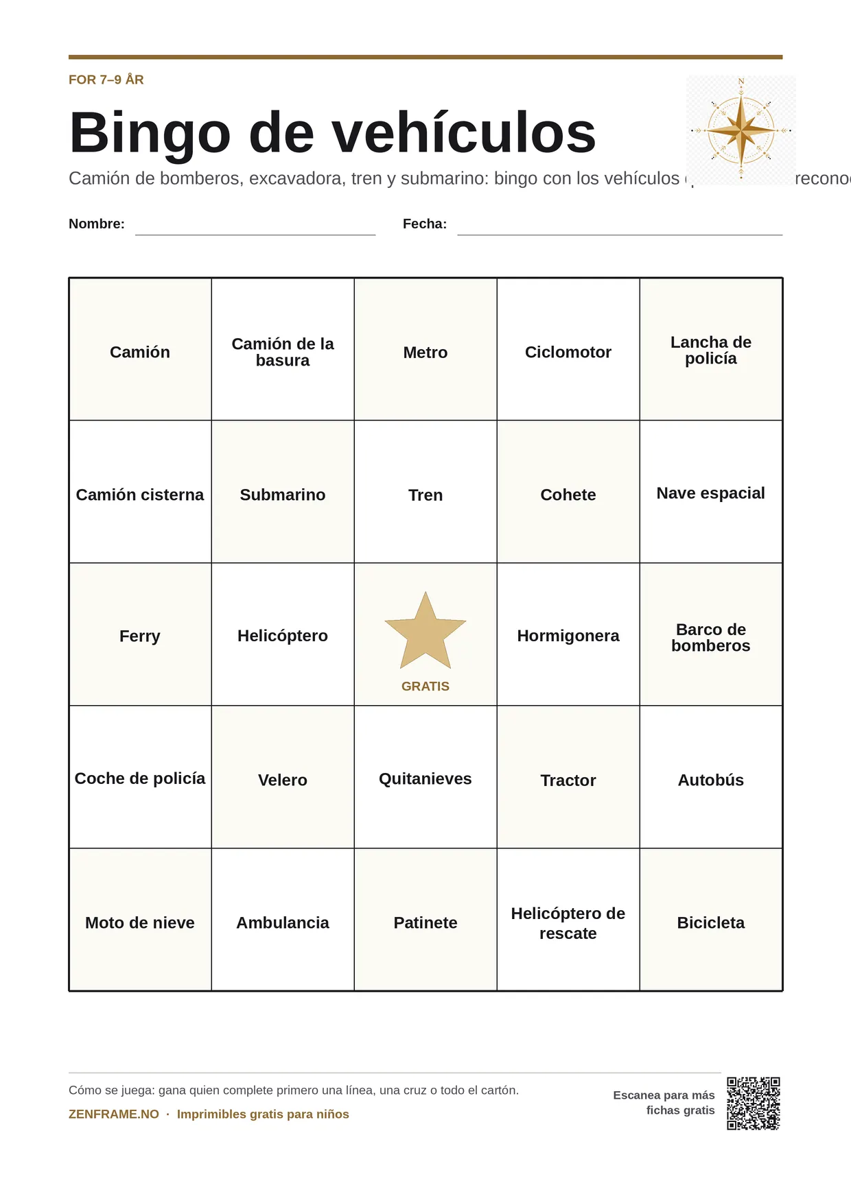 Bingo de vehículos para niños 7–9 años – tablero A4 gratis para imprimir