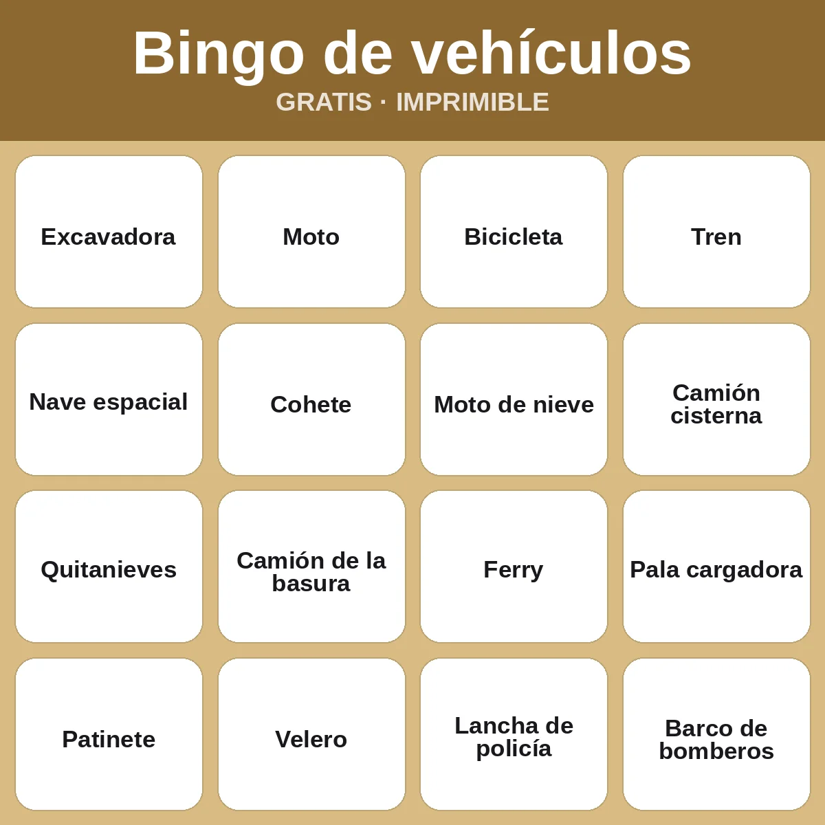 Bingo de vehículos – bingo gratis para imprimir para niños