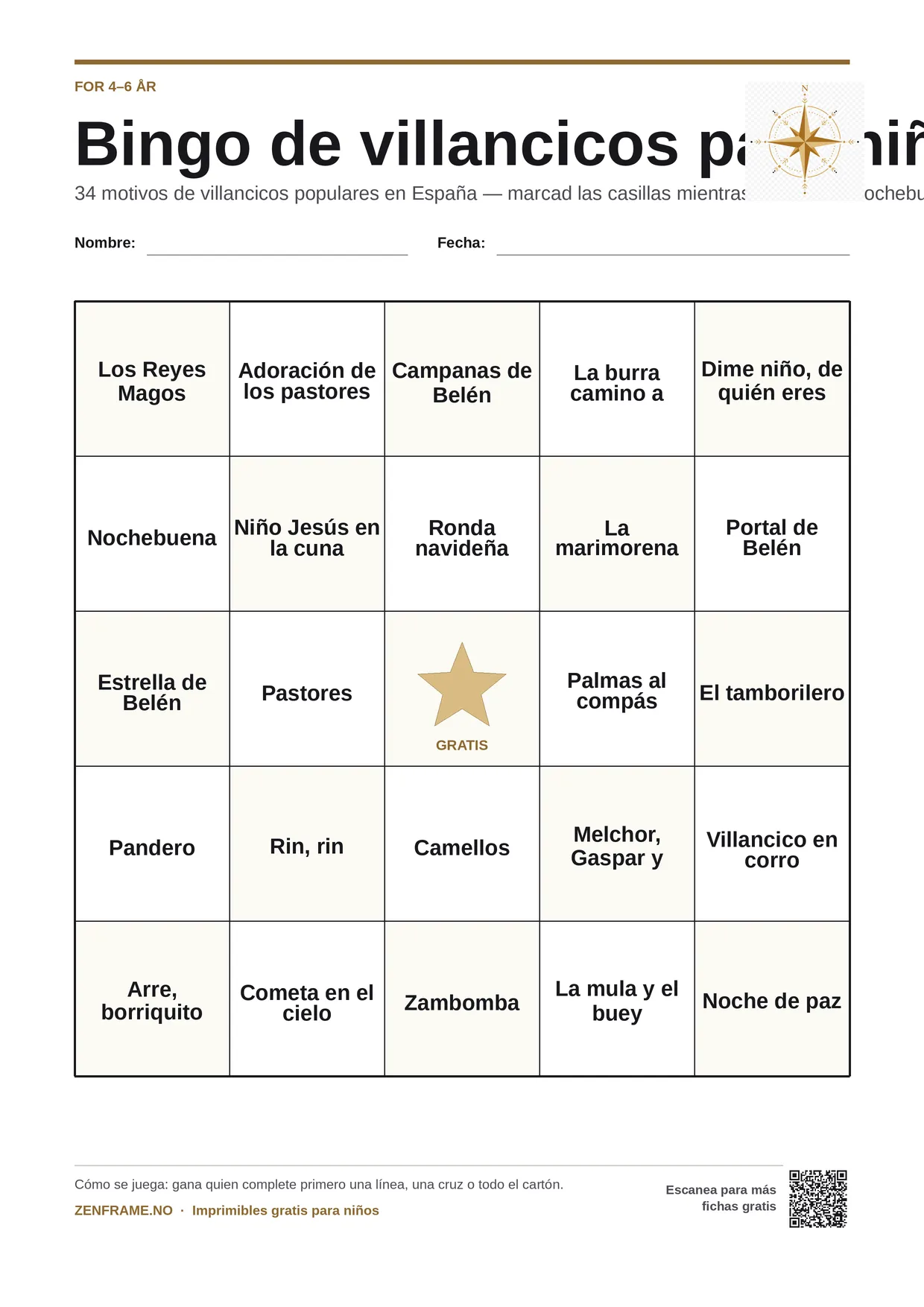 Bingo de villancicos para niños 4–6 años – tablero A4 gratis para imprimir