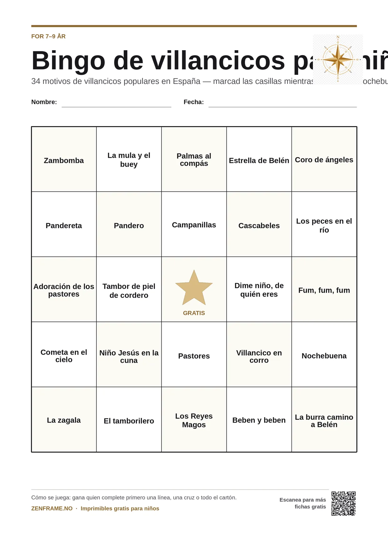 Bingo de villancicos para niños 7–9 años – tablero A4 gratis para imprimir
