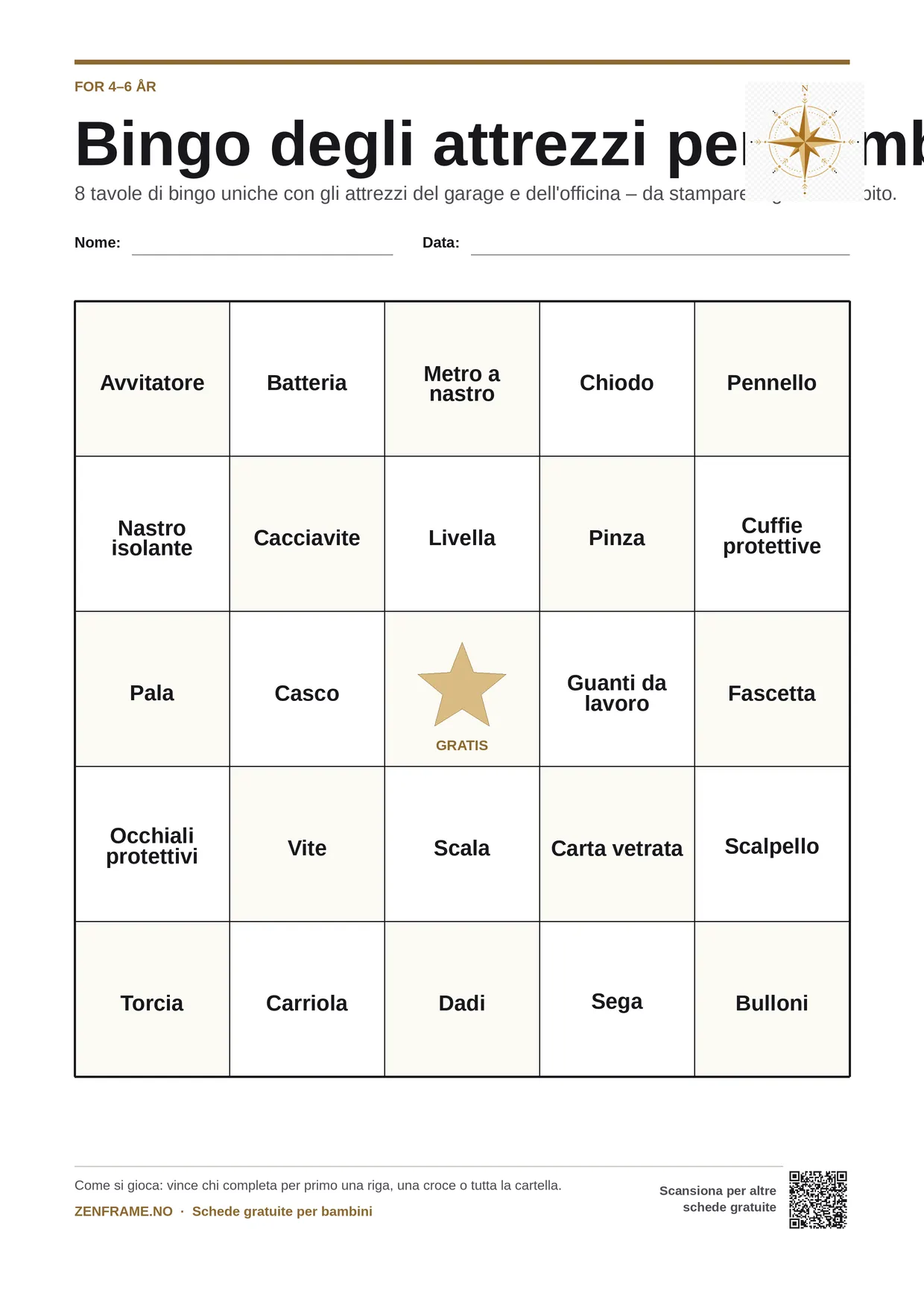 Bingo degli attrezzi per bambini 4–6 anni – cartella A4 gratis da stampare