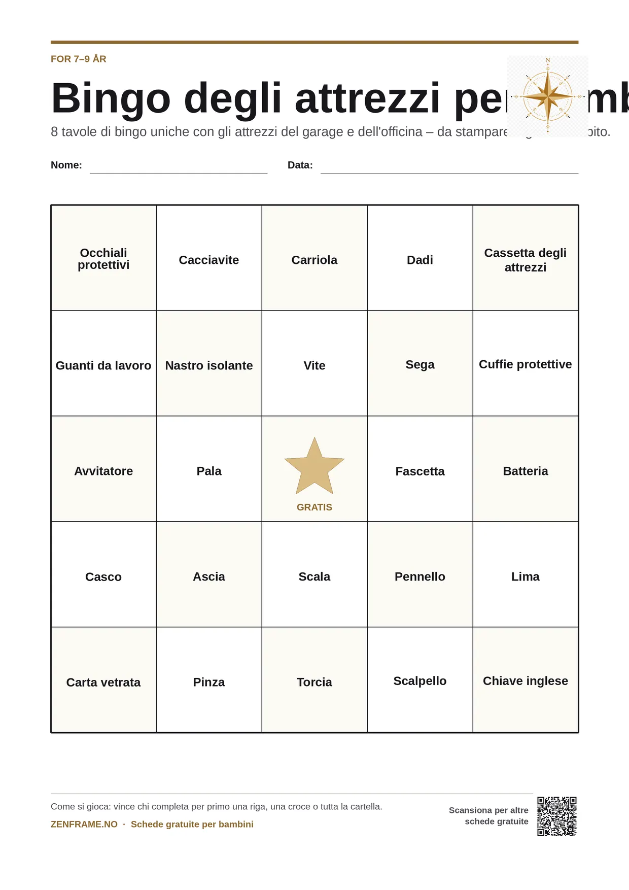 Bingo degli attrezzi per bambini 7–9 anni – cartella A4 gratis da stampare