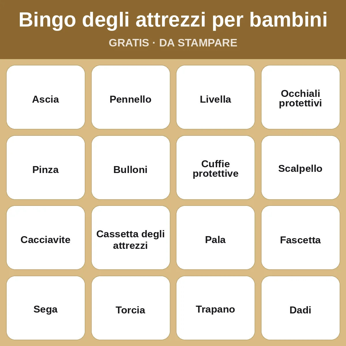 Bingo degli attrezzi per bambini – bingo gratis da stampare per bambini