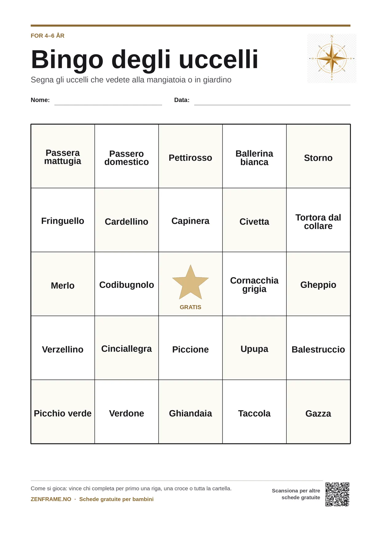 Bingo degli uccelli per bambini 4–6 anni – cartella A4 gratis da stampare