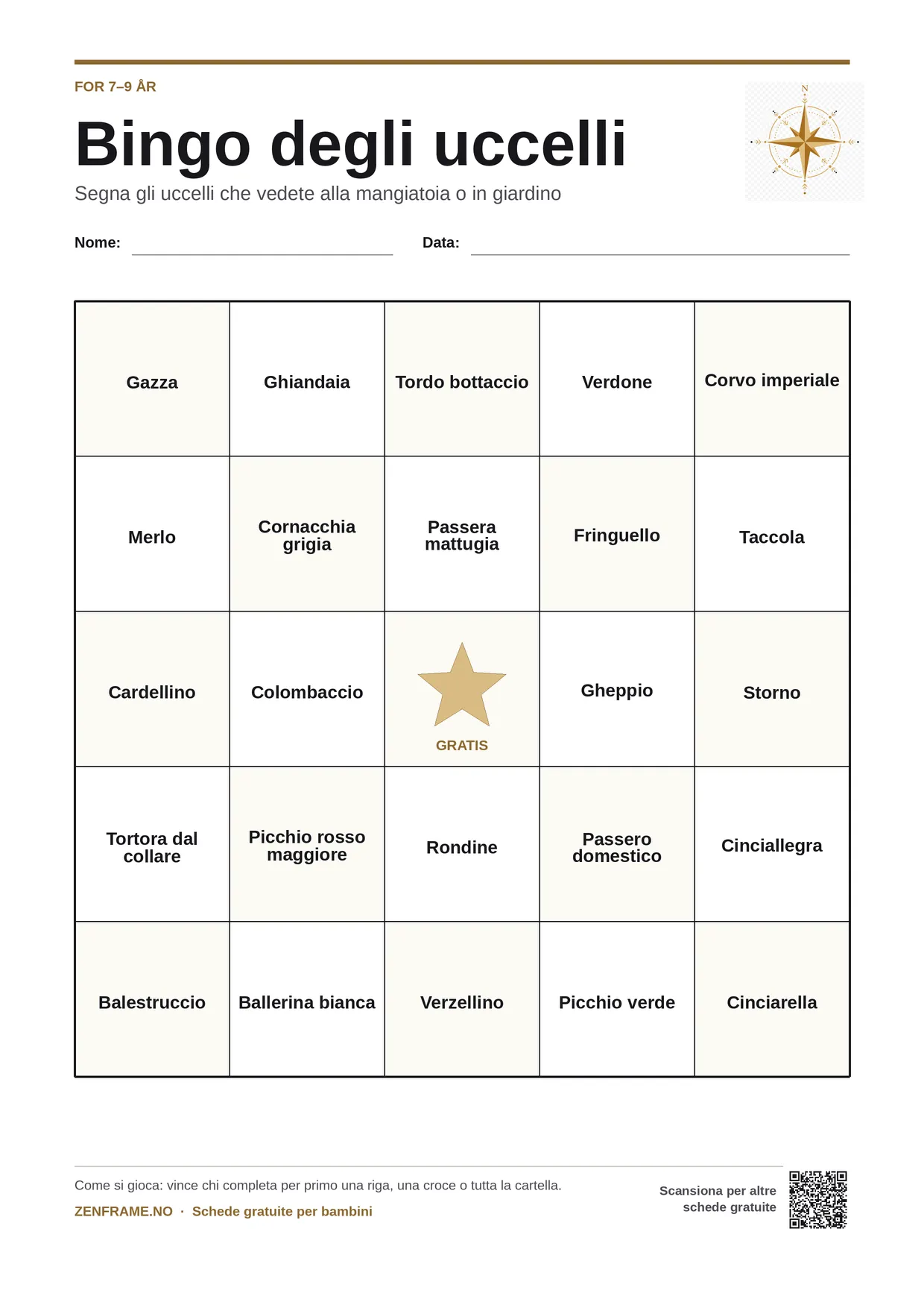 Bingo degli uccelli per bambini 7–9 anni – cartella A4 gratis da stampare