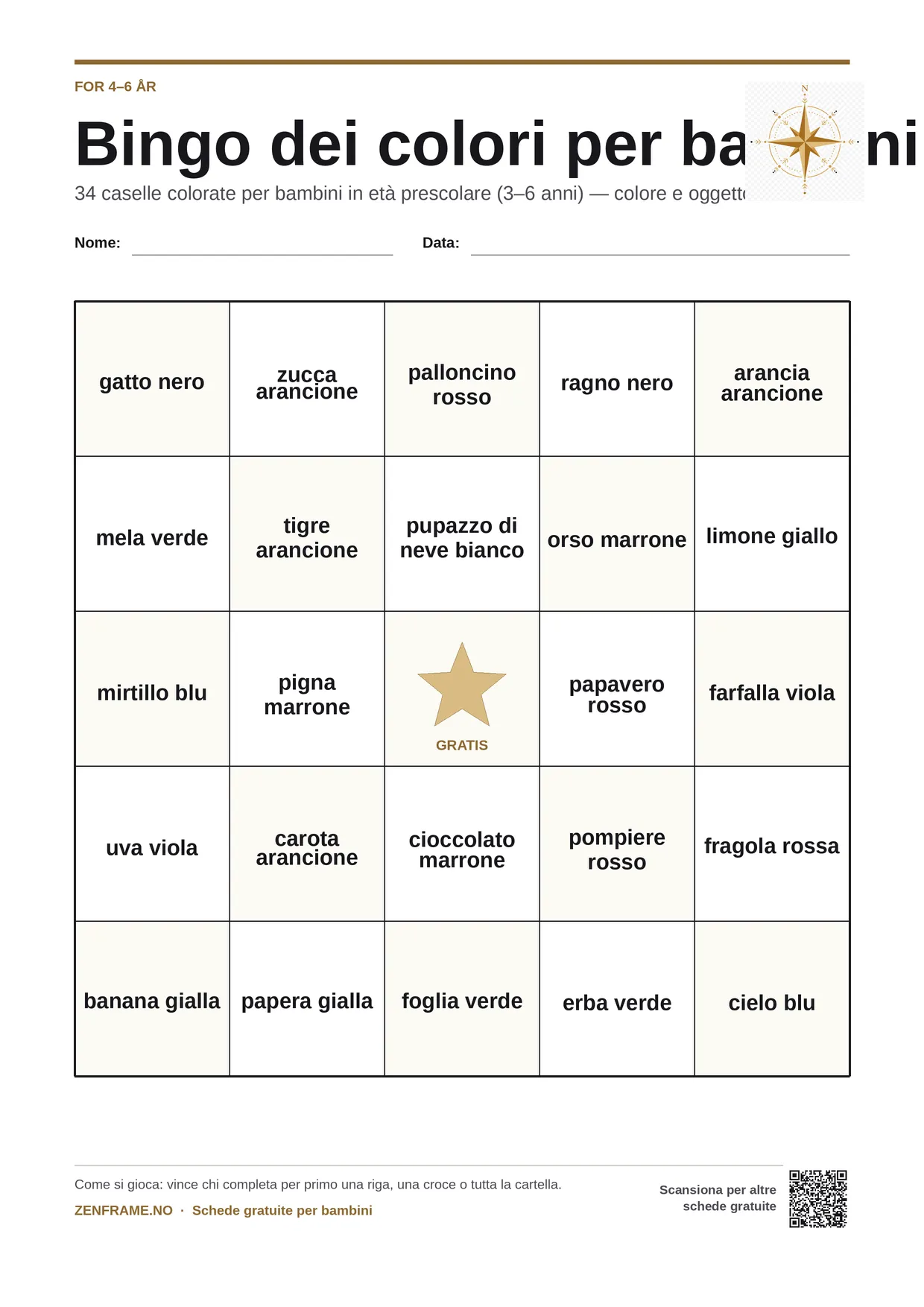 Bingo dei colori per bambini 4–6 anni – cartella A4 gratis da stampare
