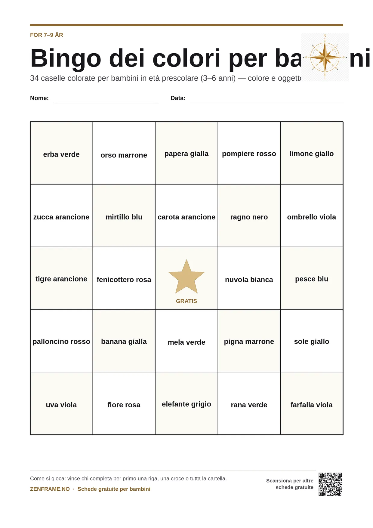 Bingo dei colori per bambini 7–9 anni – cartella A4 gratis da stampare