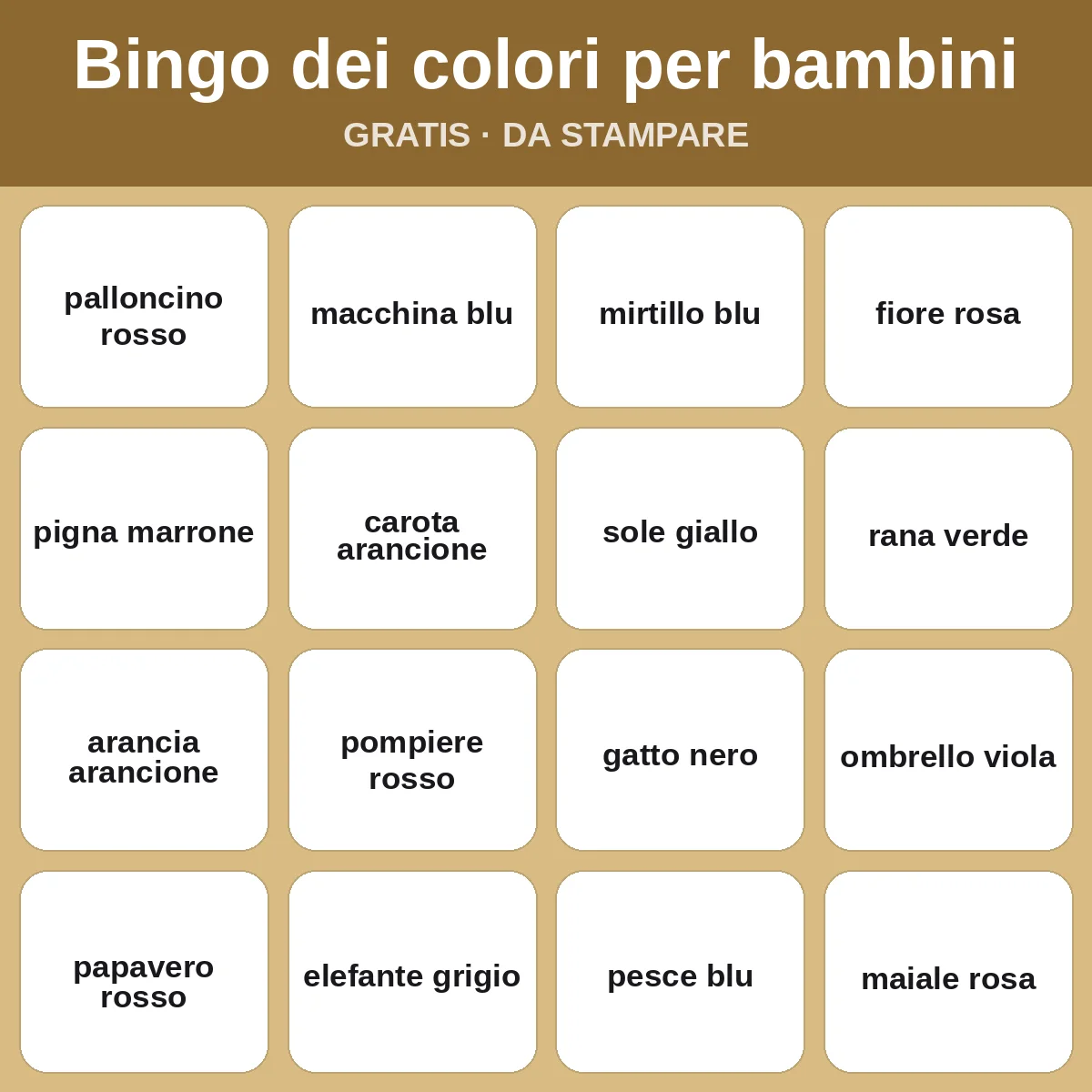 Bingo dei colori per bambini – bingo gratis da stampare per bambini