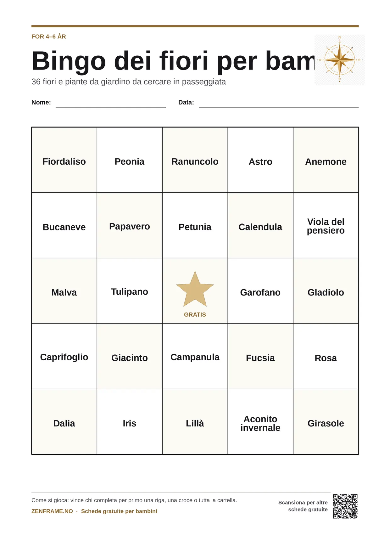 Bingo dei fiori per bambini 4–6 anni – cartella A4 gratis da stampare