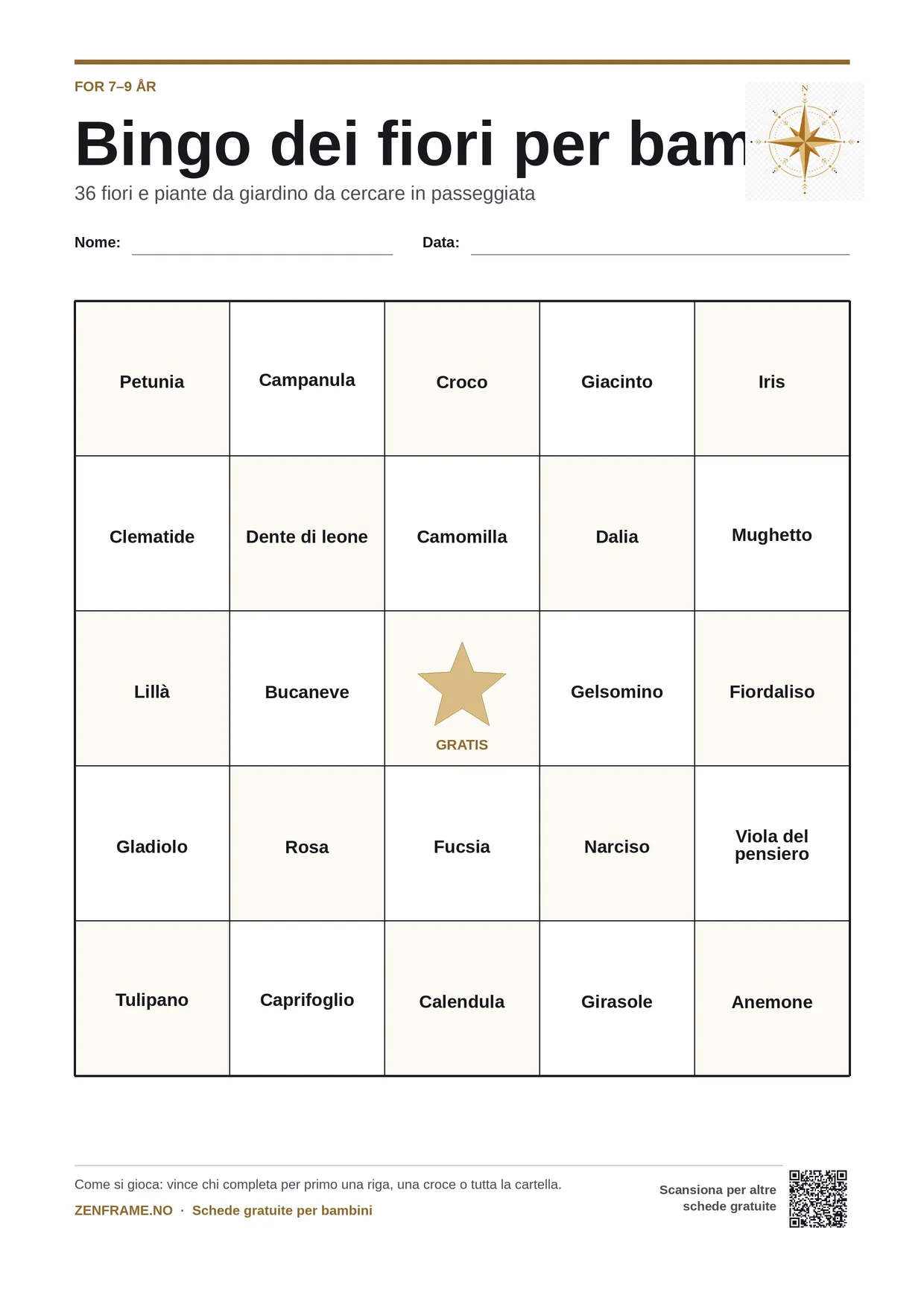 Bingo dei fiori per bambini 7–9 anni – cartella A4 gratis da stampare