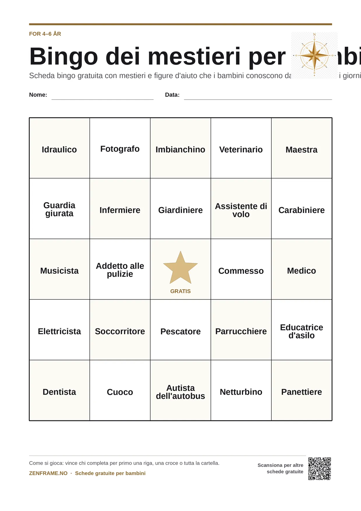 Bingo dei mestieri per bambini 4–6 anni – cartella A4 gratis da stampare