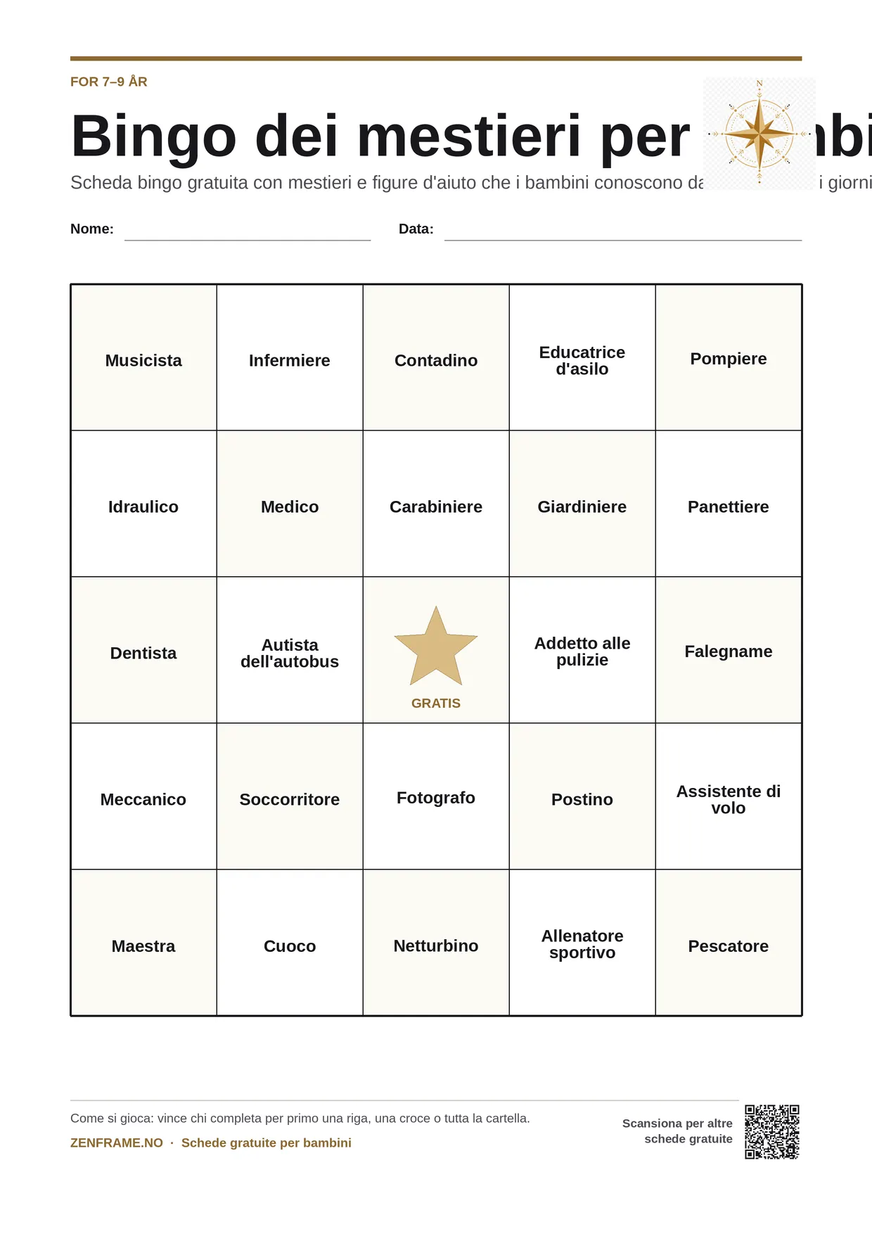 Bingo dei mestieri per bambini 7–9 anni – cartella A4 gratis da stampare