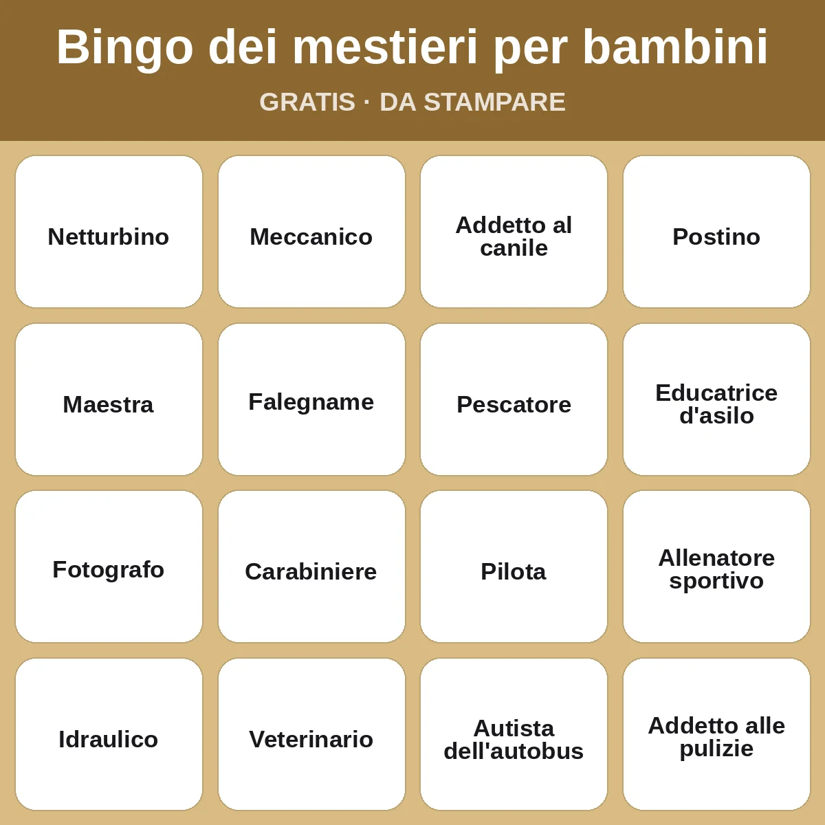 Bingo dei mestieri per bambini – bingo gratis da stampare per bambini