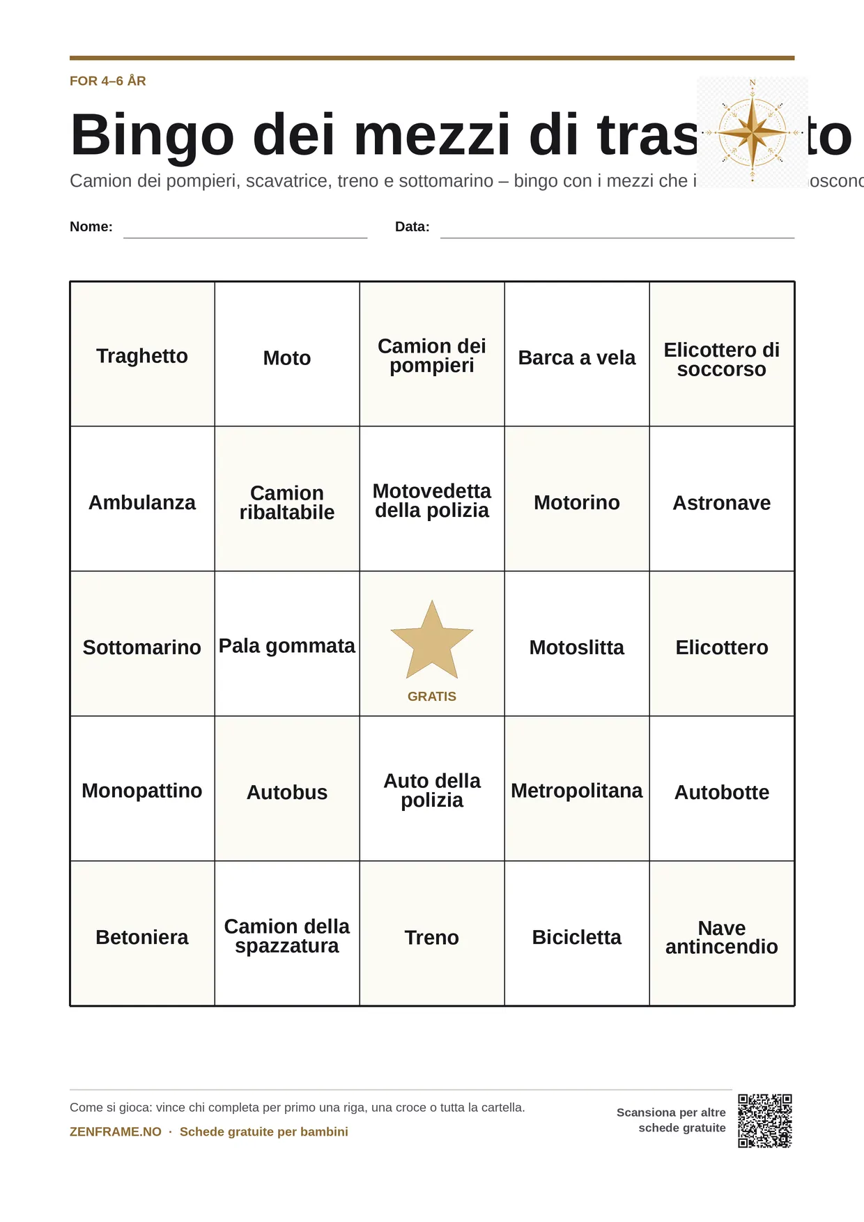 Bingo dei mezzi di trasporto per bambini 4–6 anni – cartella A4 gratis da stampare