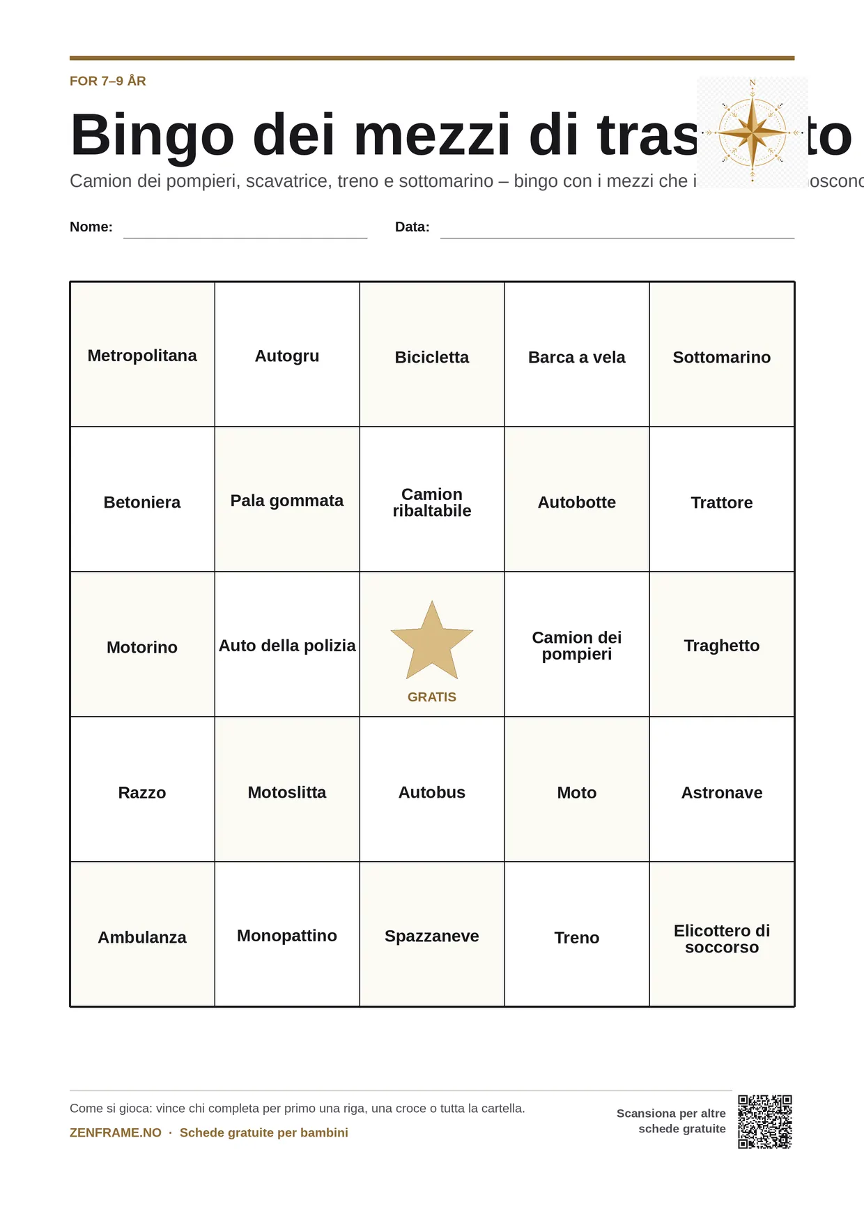 Bingo dei mezzi di trasporto per bambini 7–9 anni – cartella A4 gratis da stampare