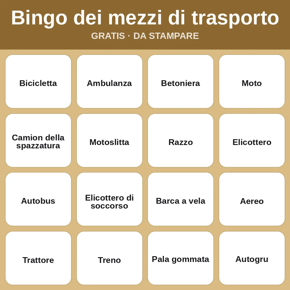Bingo dei mezzi di trasporto – bingo gratis da stampare per bambini