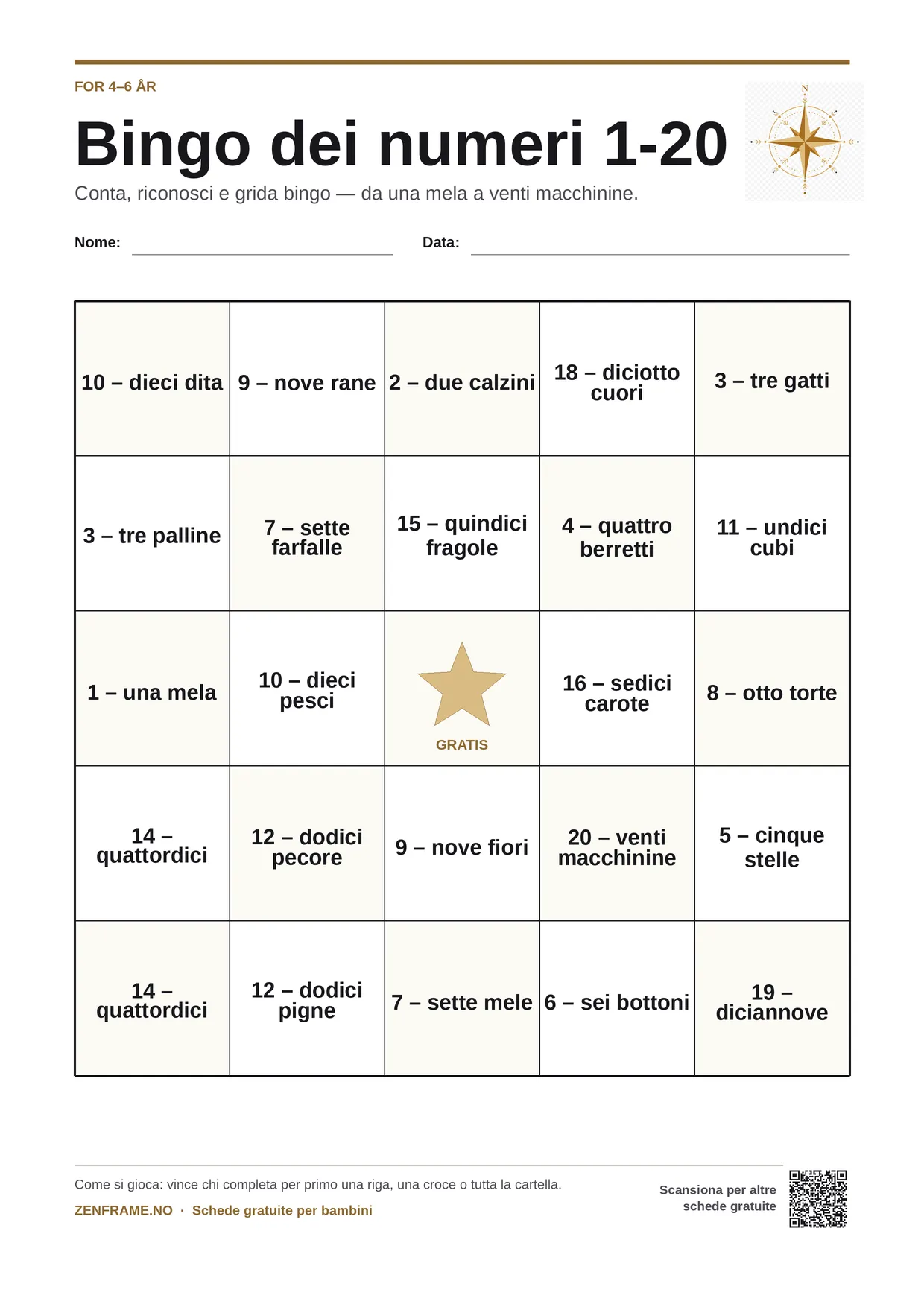 Bingo dei numeri 1-20 per bambini 4–6 anni – cartella A4 gratis da stampare