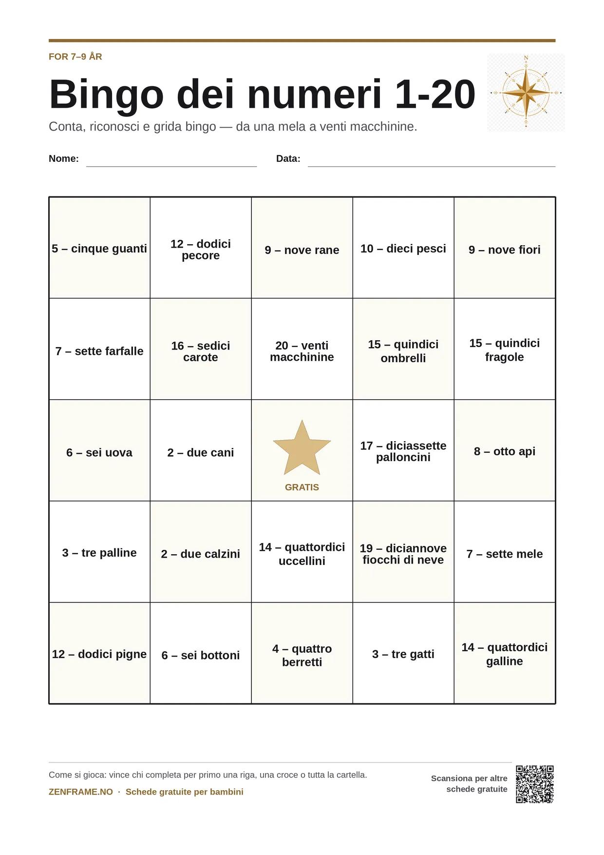 Bingo dei numeri 1-20 per bambini 7–9 anni – cartella A4 gratis da stampare