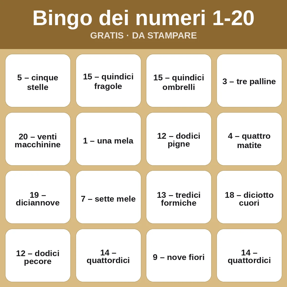 Bingo dei numeri 1-20 – bingo gratis da stampare per bambini