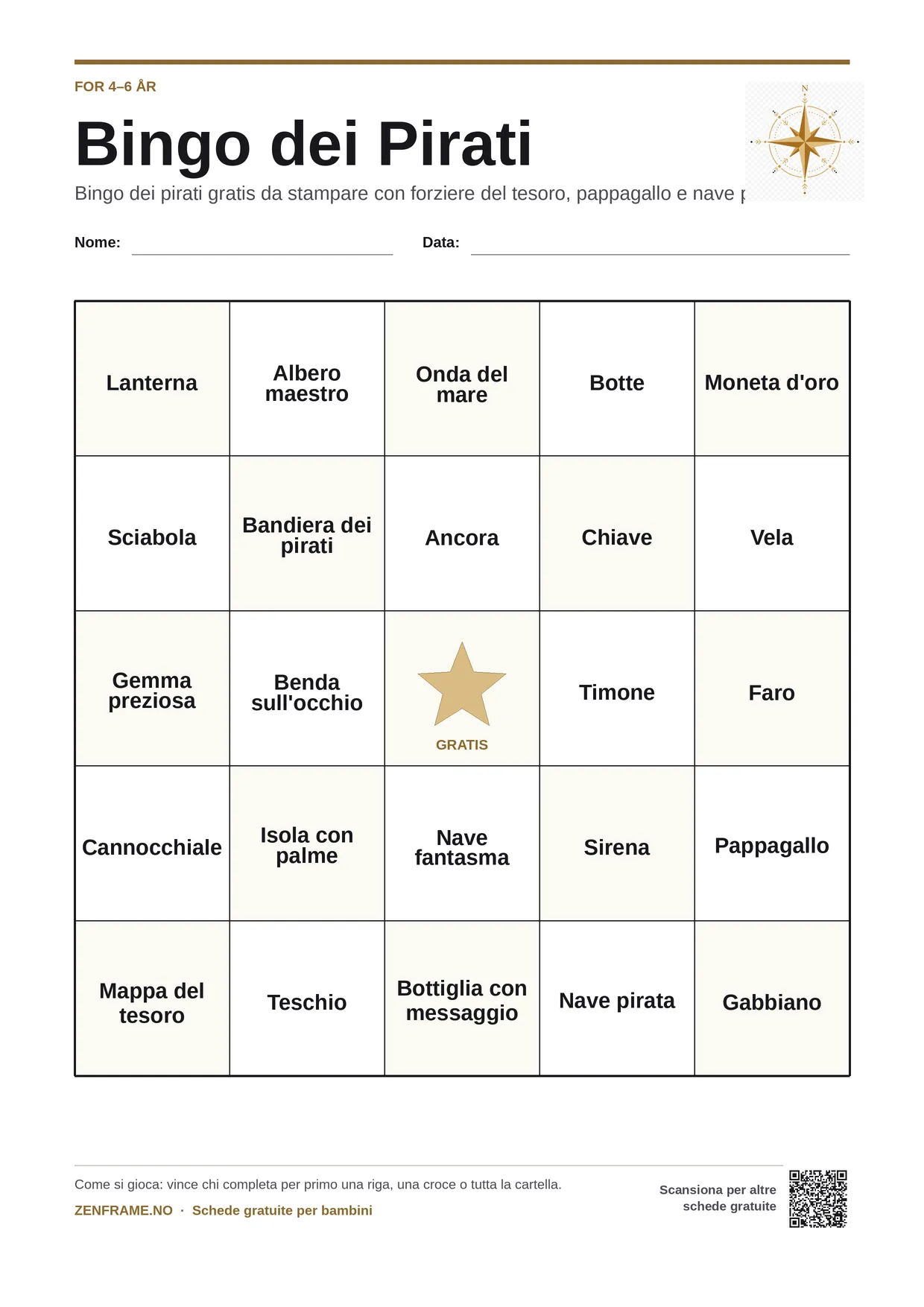 Bingo dei Pirati per bambini 4–6 anni – cartella A4 gratis da stampare