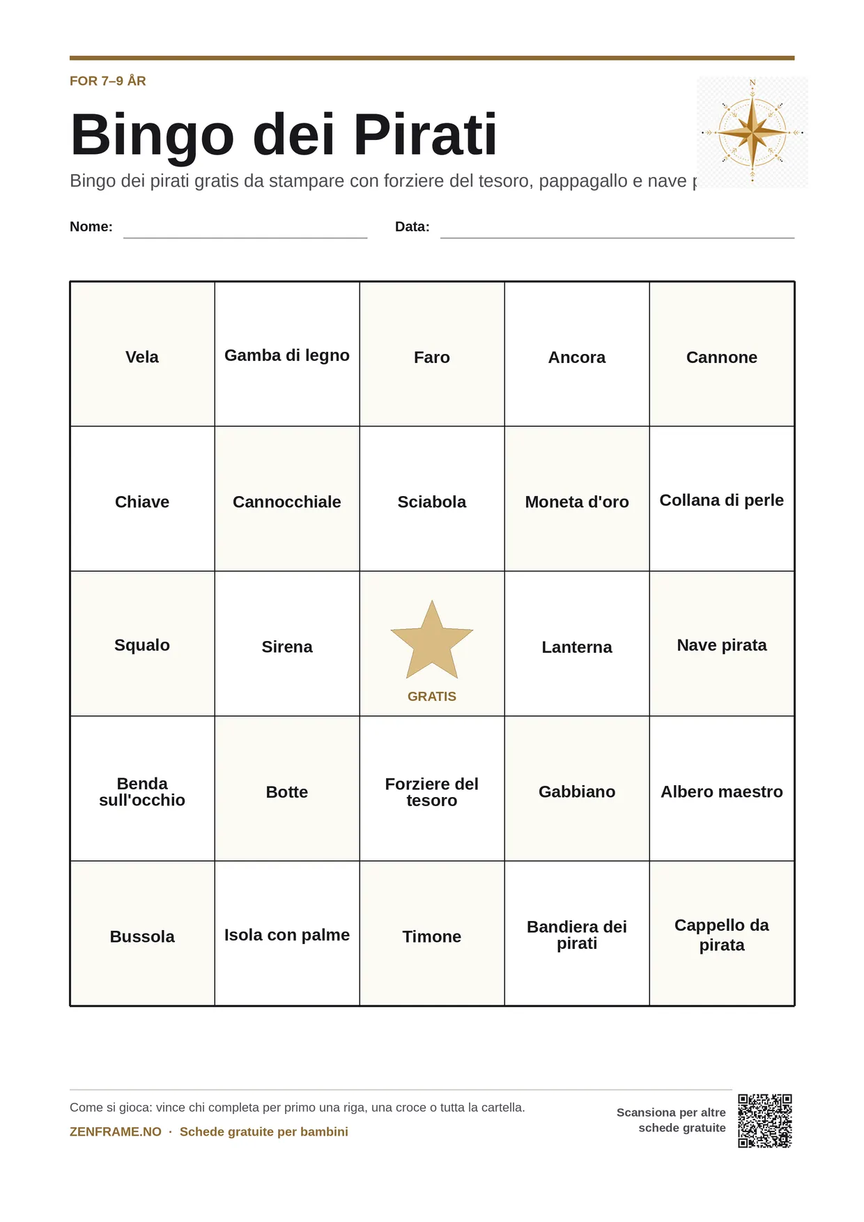 Bingo dei Pirati per bambini 7–9 anni – cartella A4 gratis da stampare