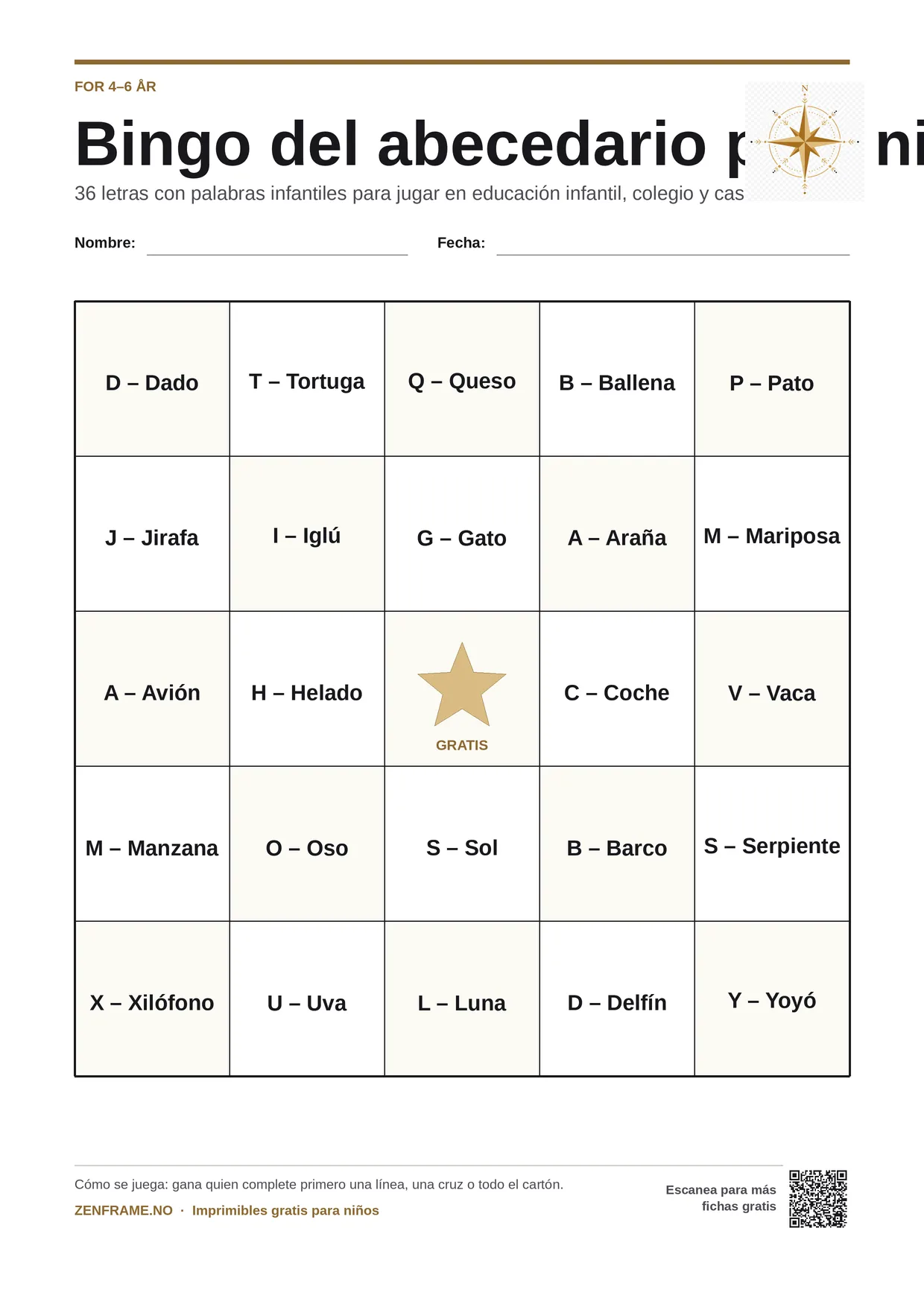 Bingo del abecedario para niños 4–6 años – tablero A4 gratis para imprimir