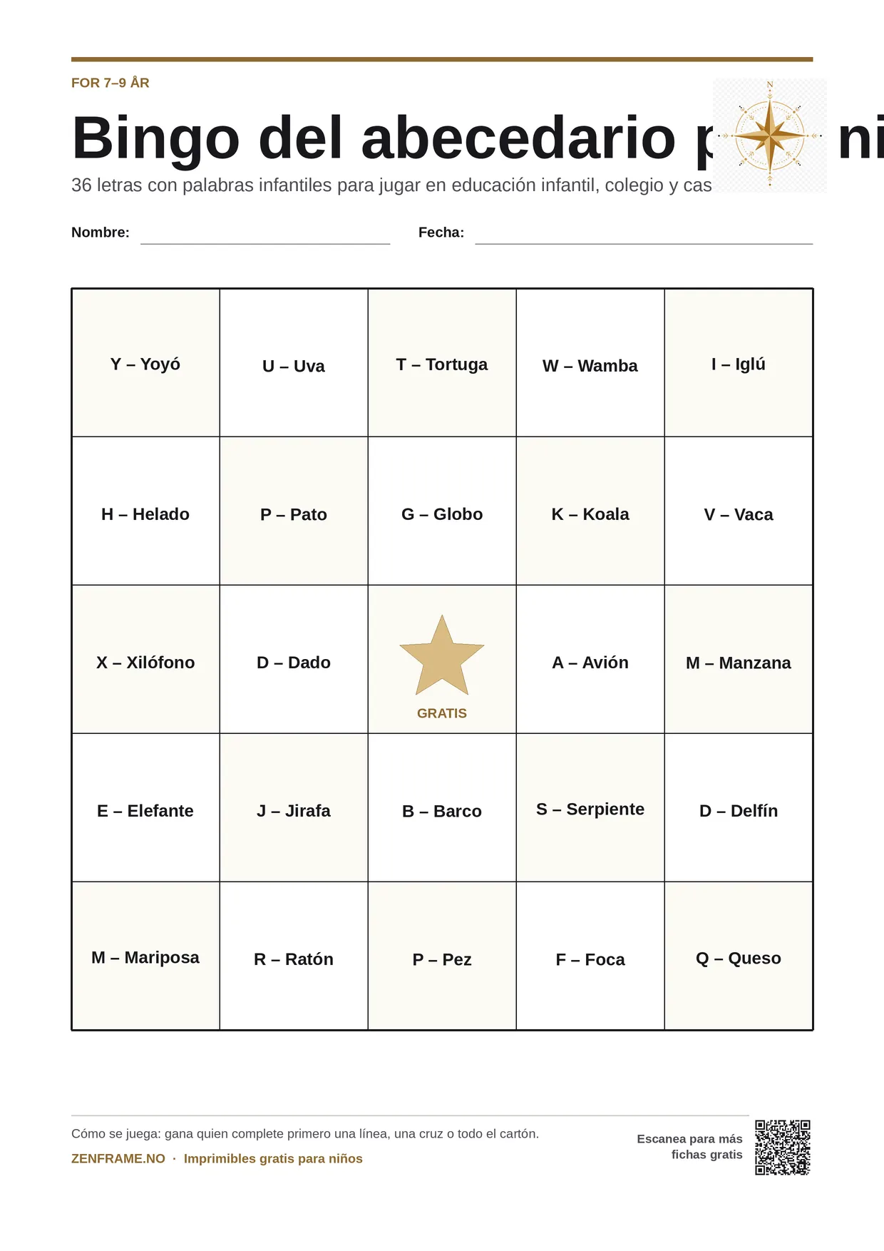 Bingo del abecedario para niños 7–9 años – tablero A4 gratis para imprimir