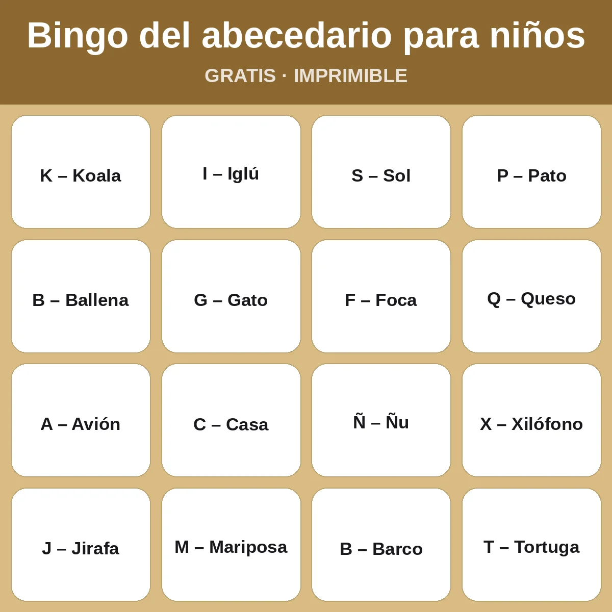 Bingo del abecedario para niños – bingo gratis para imprimir para niños