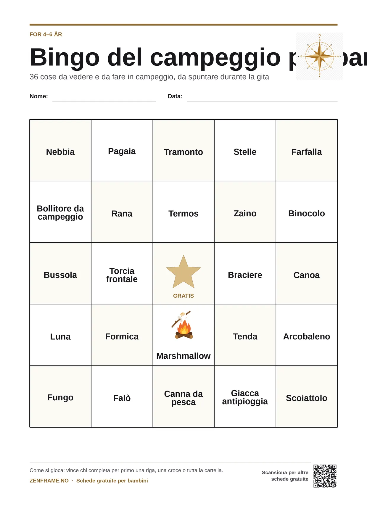 Bingo del campeggio per bambini 4–6 anni – cartella A4 gratis da stampare