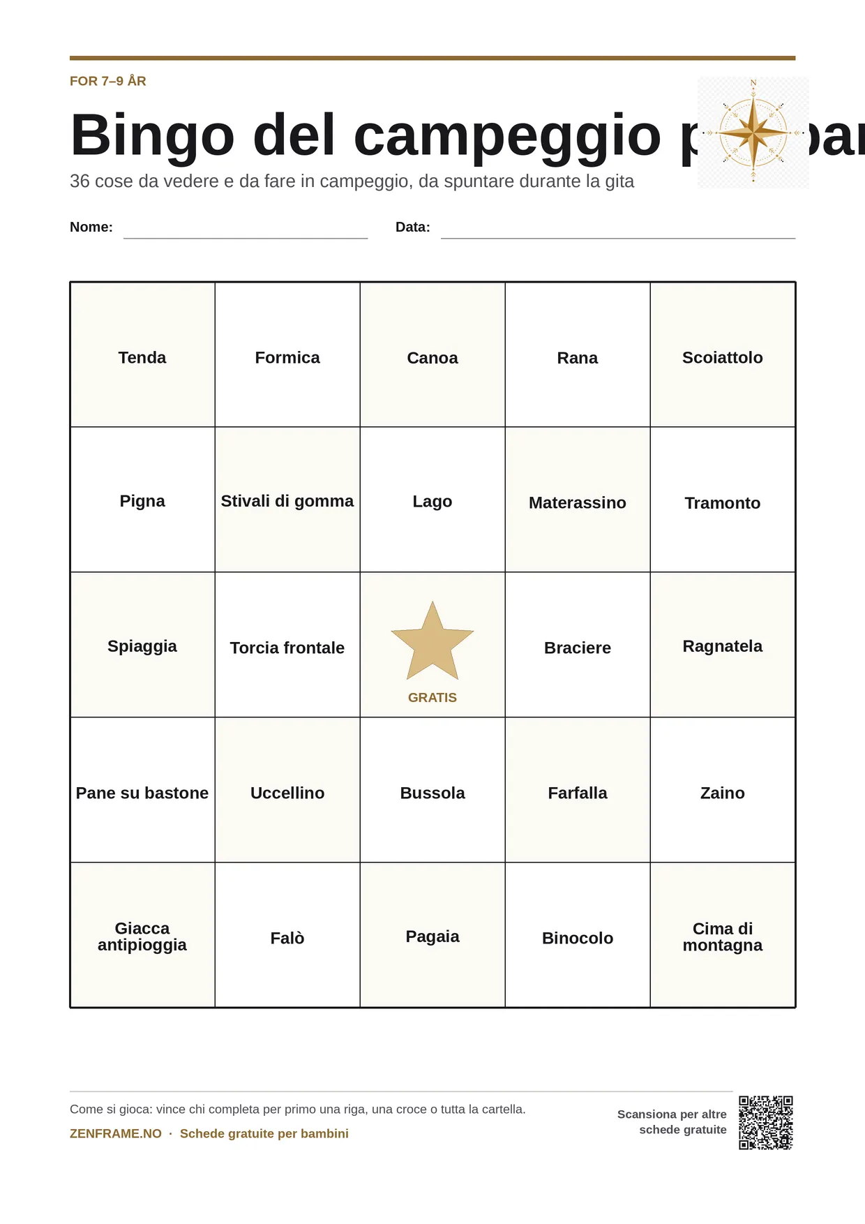Bingo del campeggio per bambini 7–9 anni – cartella A4 gratis da stampare