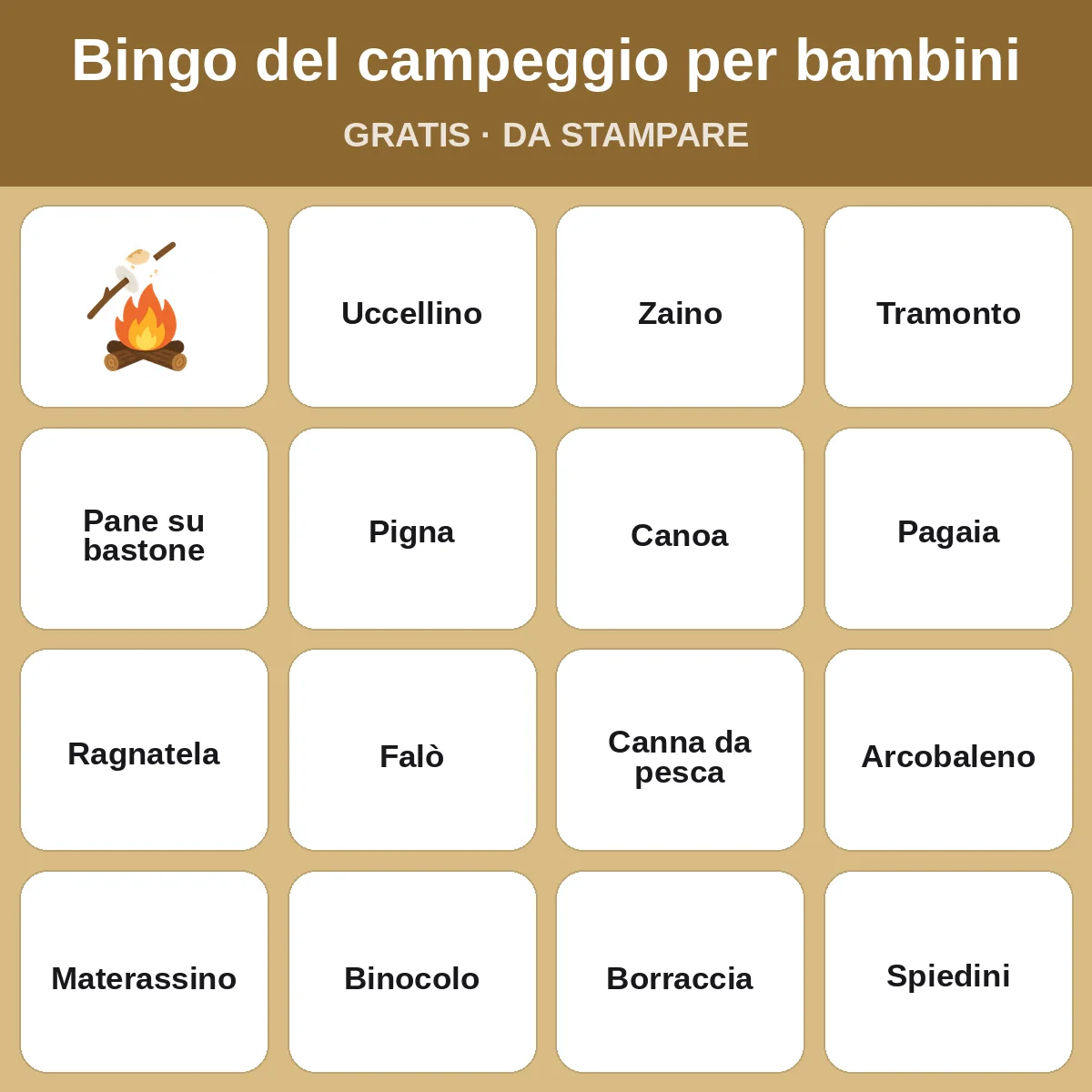 Bingo del campeggio per bambini – bingo gratis da stampare per bambini