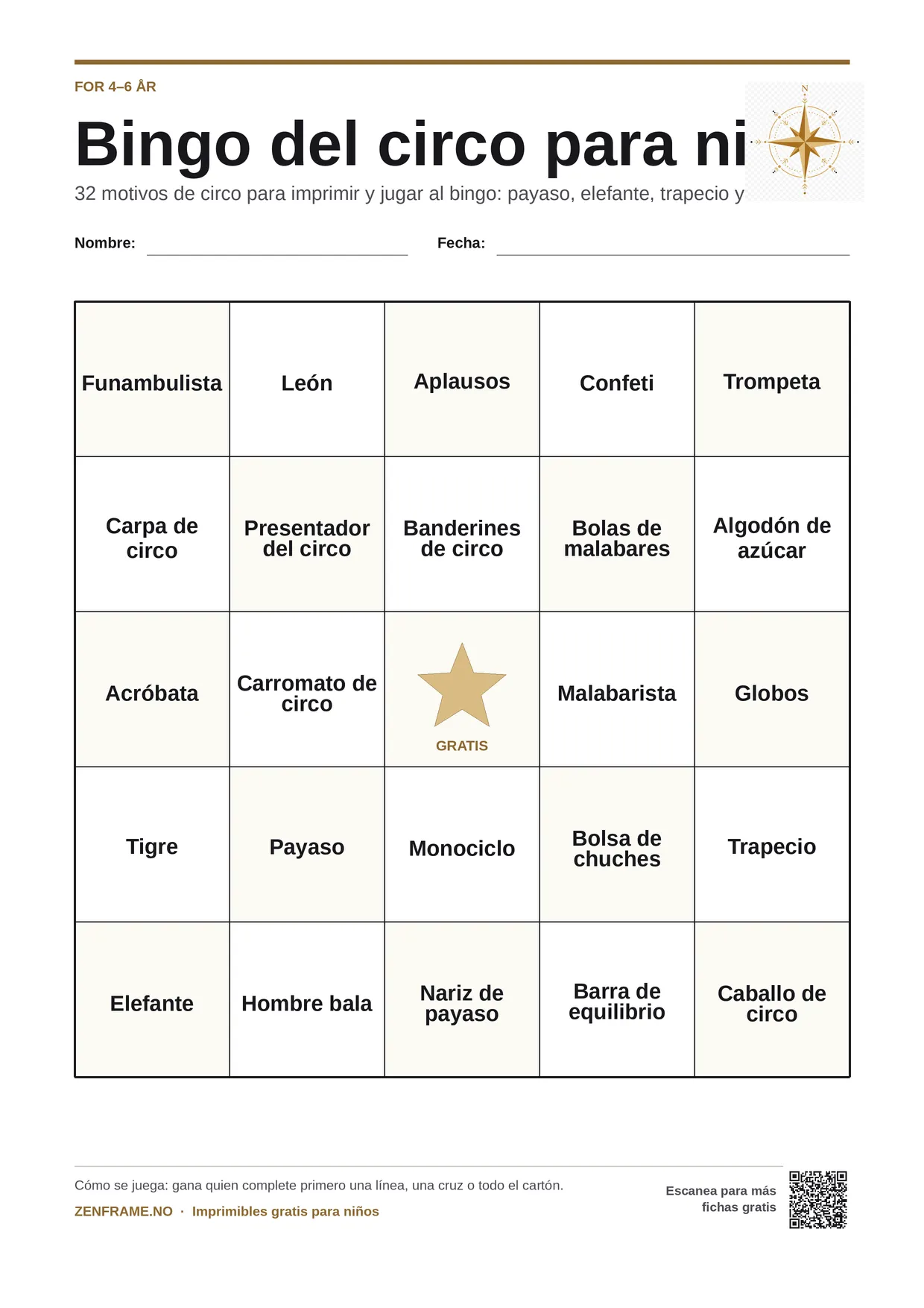 Bingo del circo para niños 4–6 años – tablero A4 gratis para imprimir