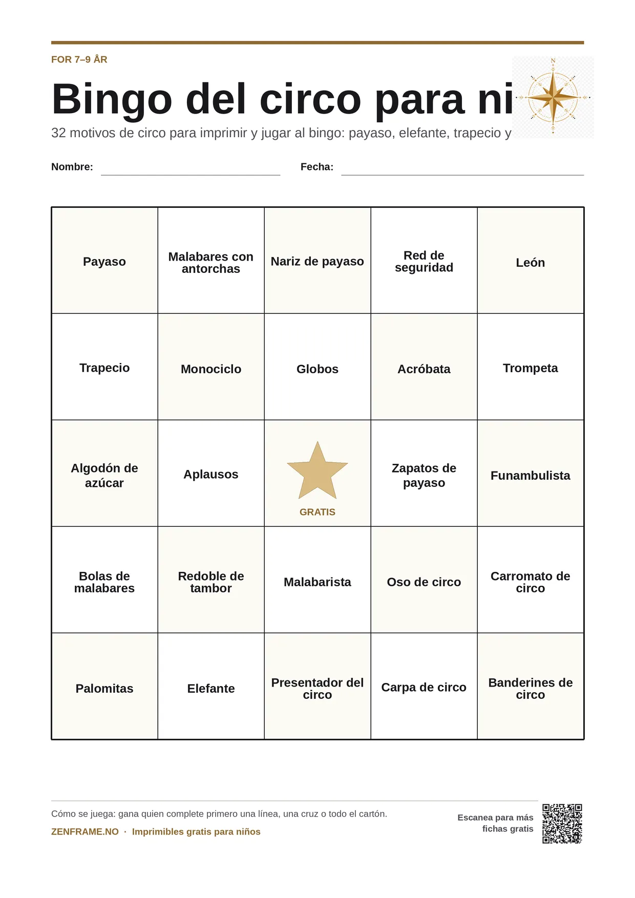 Bingo del circo para niños 7–9 años – tablero A4 gratis para imprimir