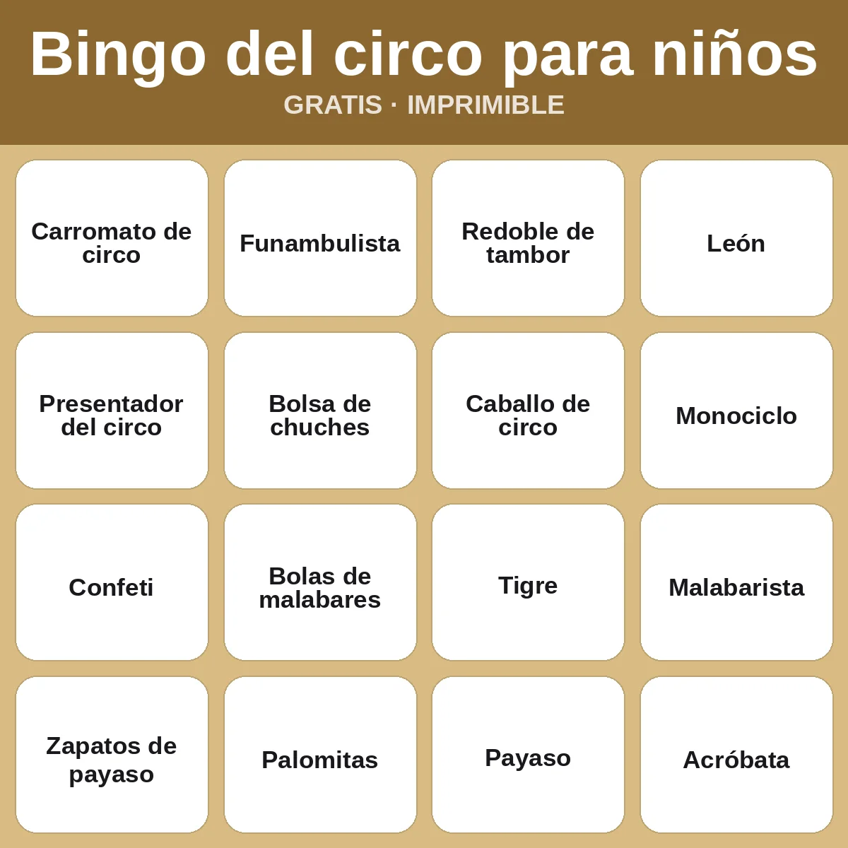 Bingo del circo para niños – bingo gratis para imprimir para niños