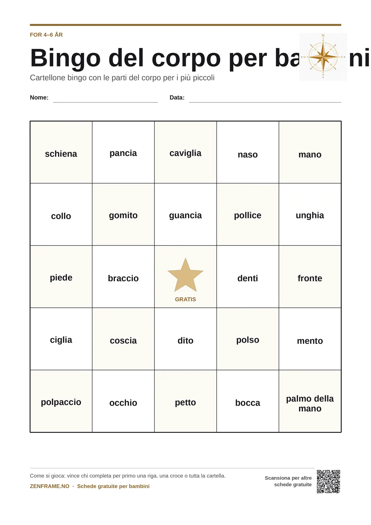 Bingo del corpo per bambini 4–6 anni – cartella A4 gratis da stampare