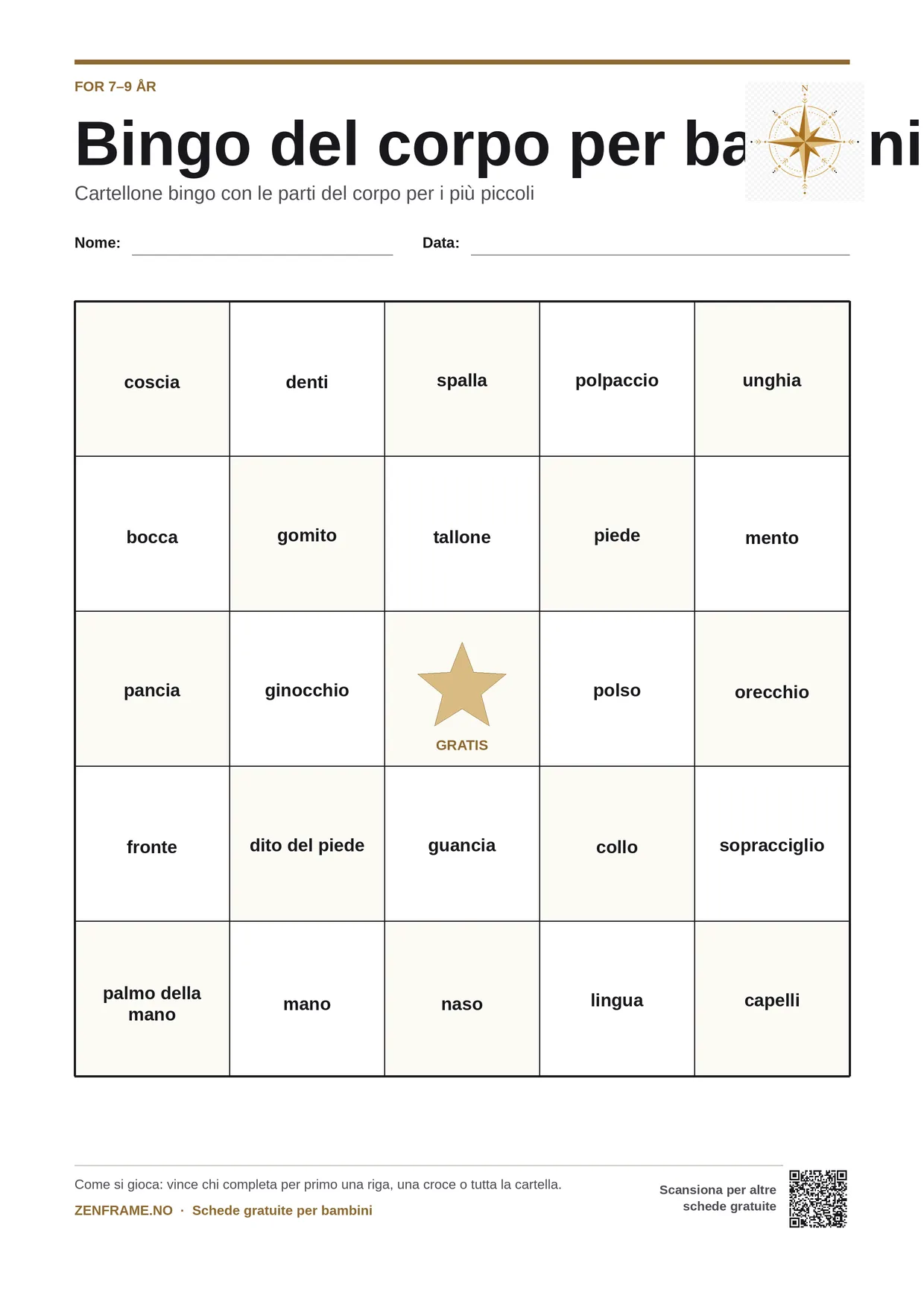 Bingo del corpo per bambini 7–9 anni – cartella A4 gratis da stampare
