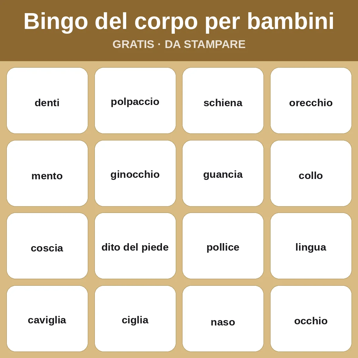 Bingo del corpo per bambini – bingo gratis da stampare per bambini