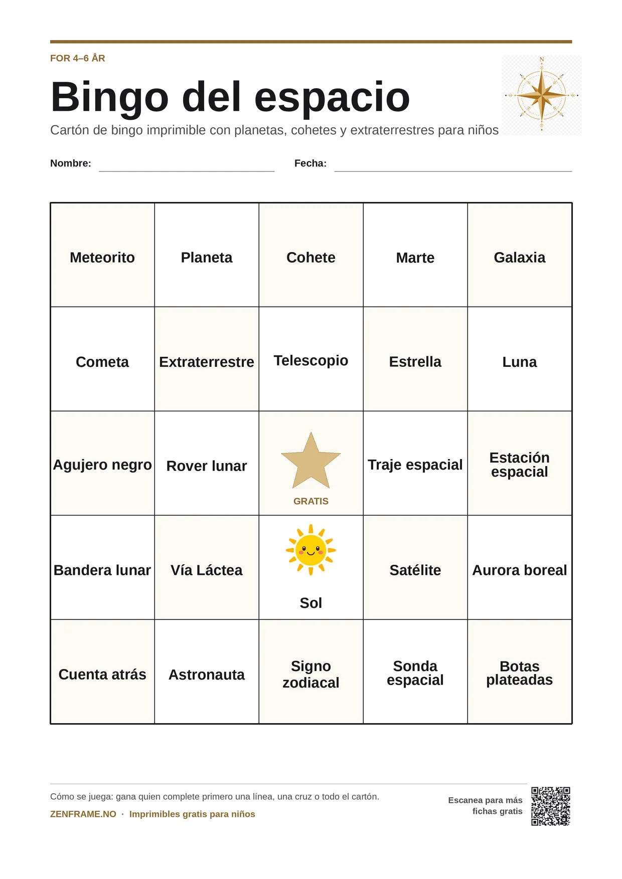 Bingo del espacio para niños 4–6 años – tablero A4 gratis para imprimir