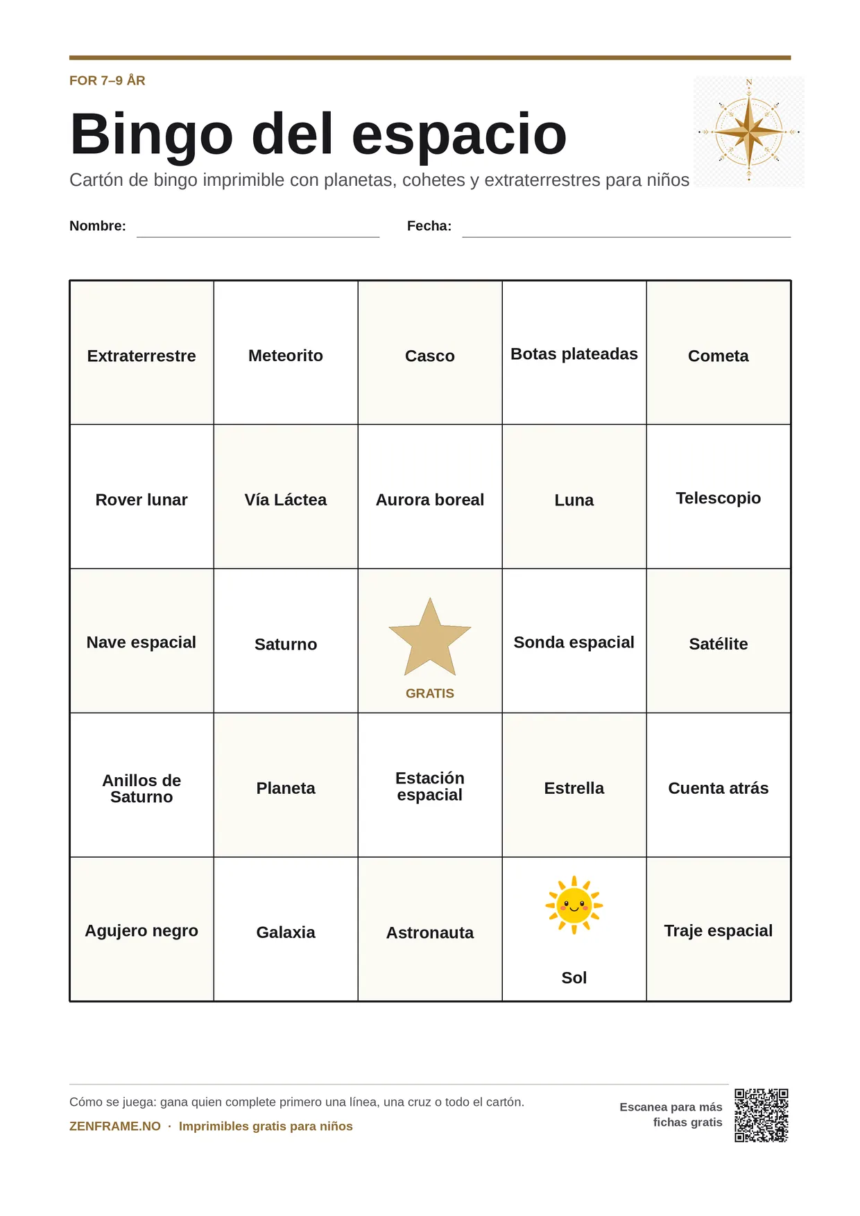 Bingo del espacio para niños 7–9 años – tablero A4 gratis para imprimir