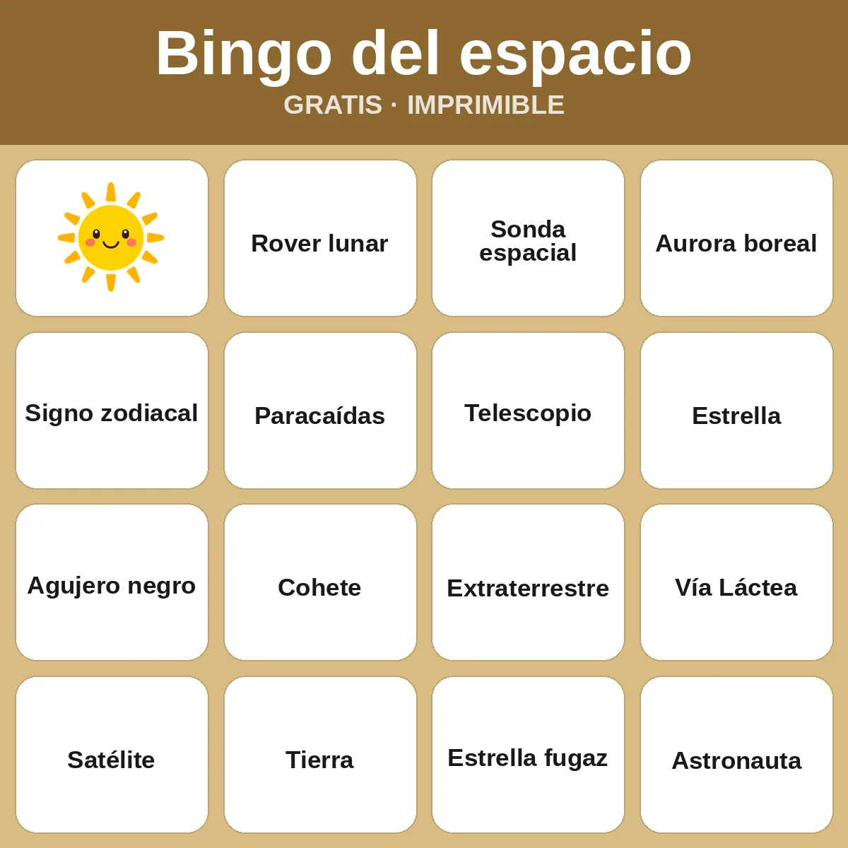 Bingo del espacio – bingo gratis para imprimir para niños