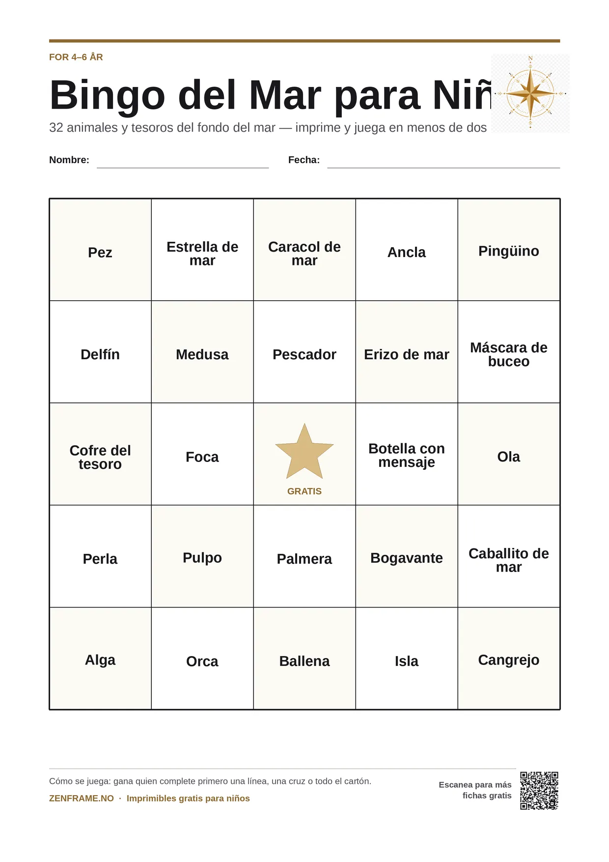 Bingo del Mar para Niños para niños 4–6 años – tablero A4 gratis para imprimir