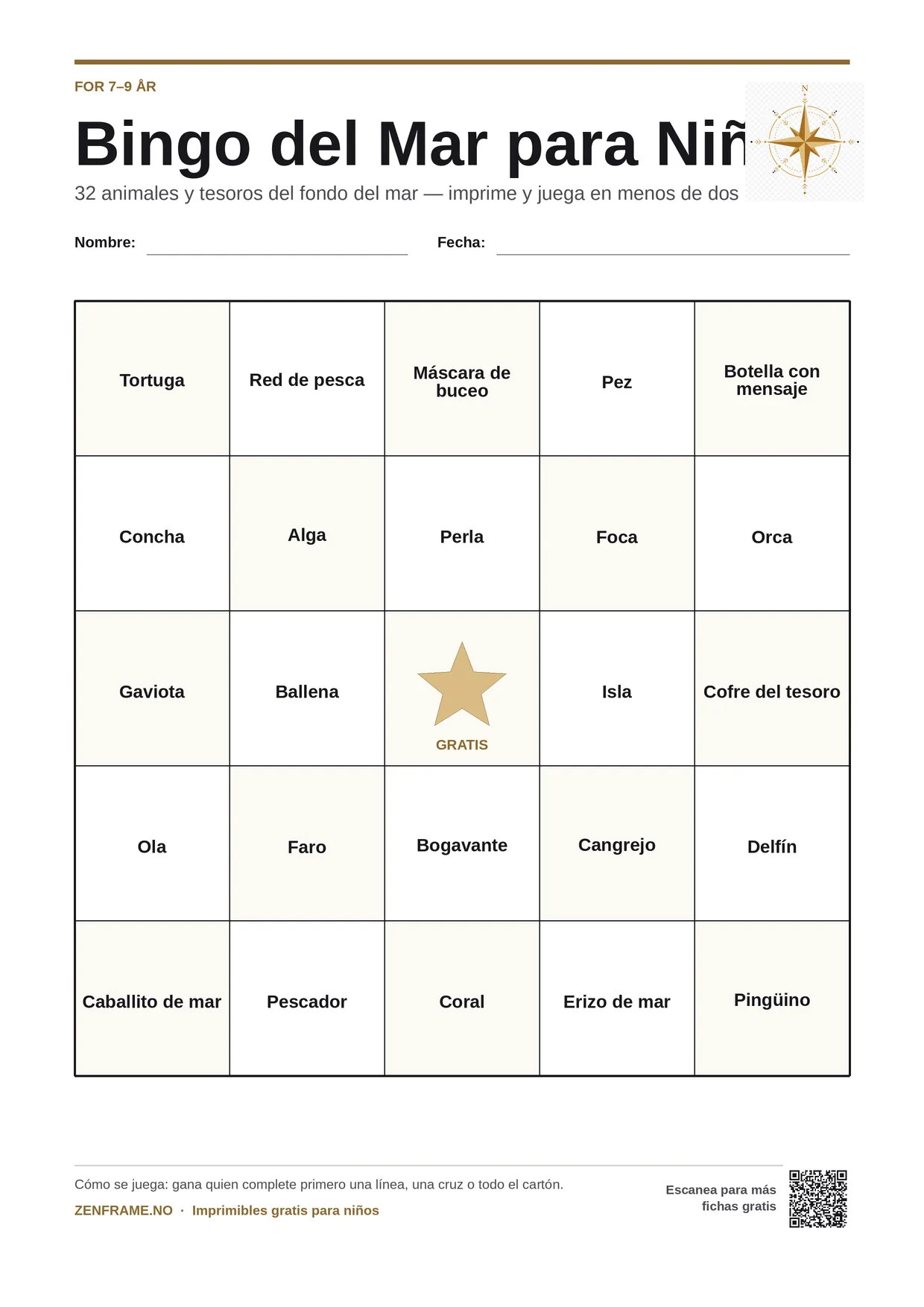 Bingo del Mar para Niños para niños 7–9 años – tablero A4 gratis para imprimir