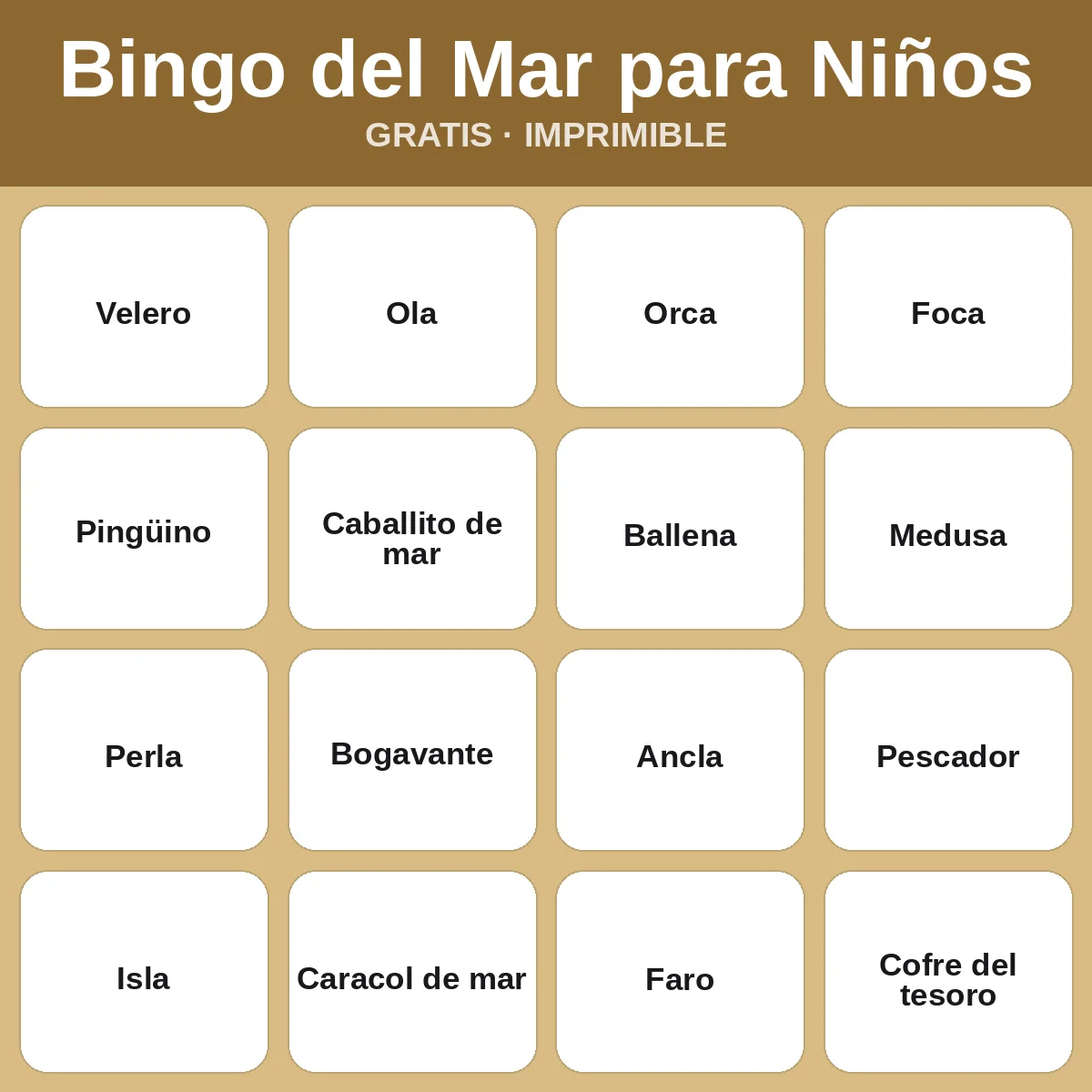 Bingo del Mar para Niños – bingo gratis para imprimir para niños