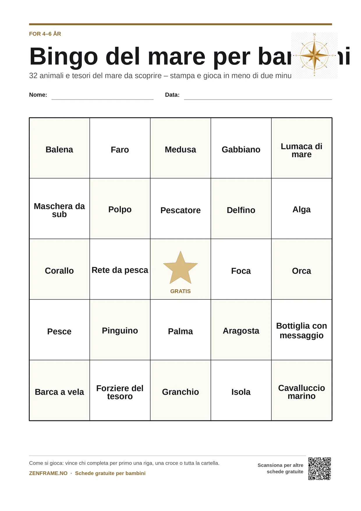 Bingo del mare per bambini 4–6 anni – cartella A4 gratis da stampare