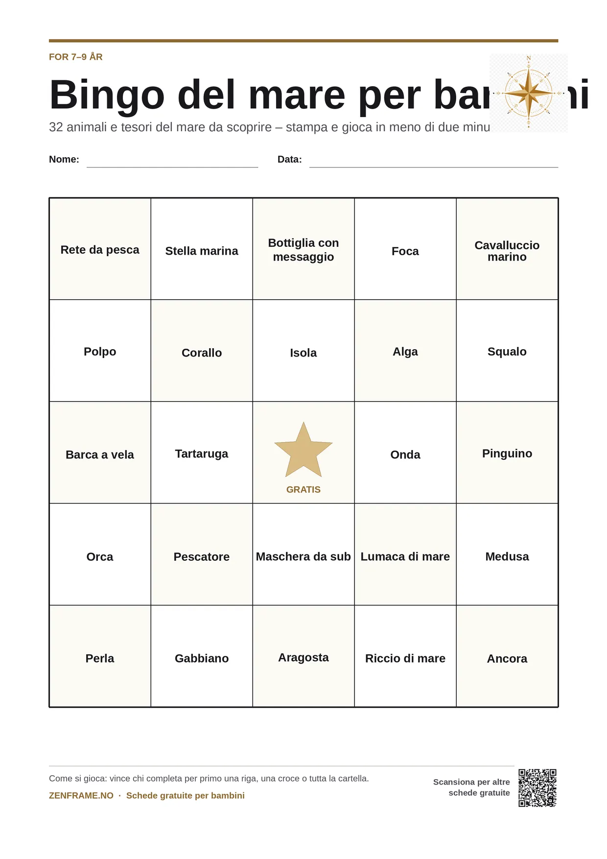 Bingo del mare per bambini 7–9 anni – cartella A4 gratis da stampare