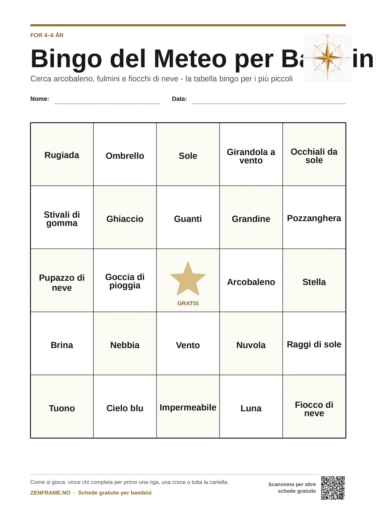 Bingo del Meteo per bambini 4–6 anni – cartella A4 gratis da stampare