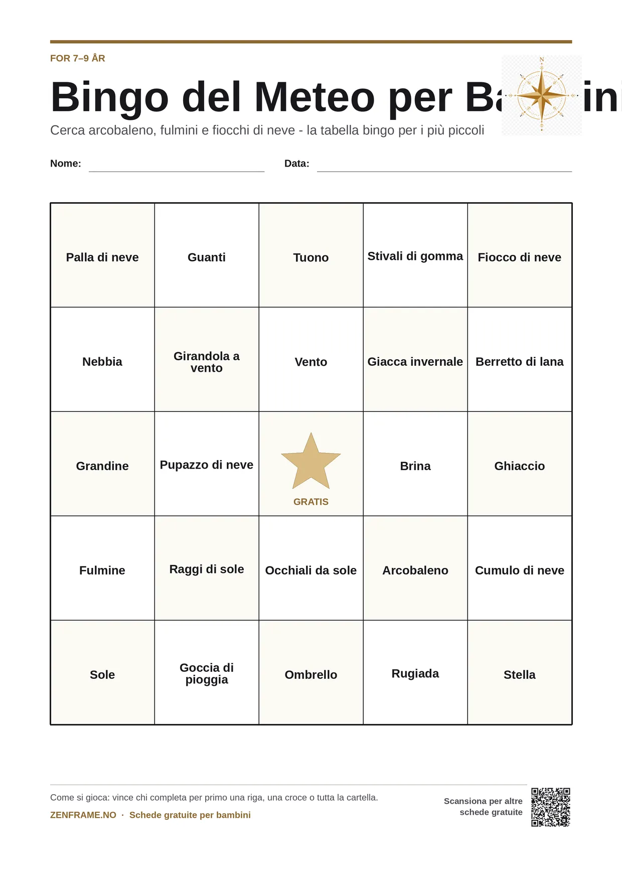 Bingo del Meteo per bambini 7–9 anni – cartella A4 gratis da stampare