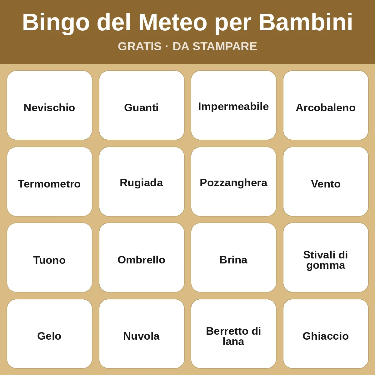 Bingo del Meteo per Bambini – bingo gratis da stampare per bambini