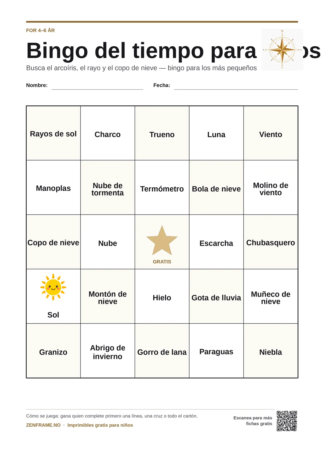 Bingo del tiempo para niños 4–6 años – tablero A4 gratis para imprimir