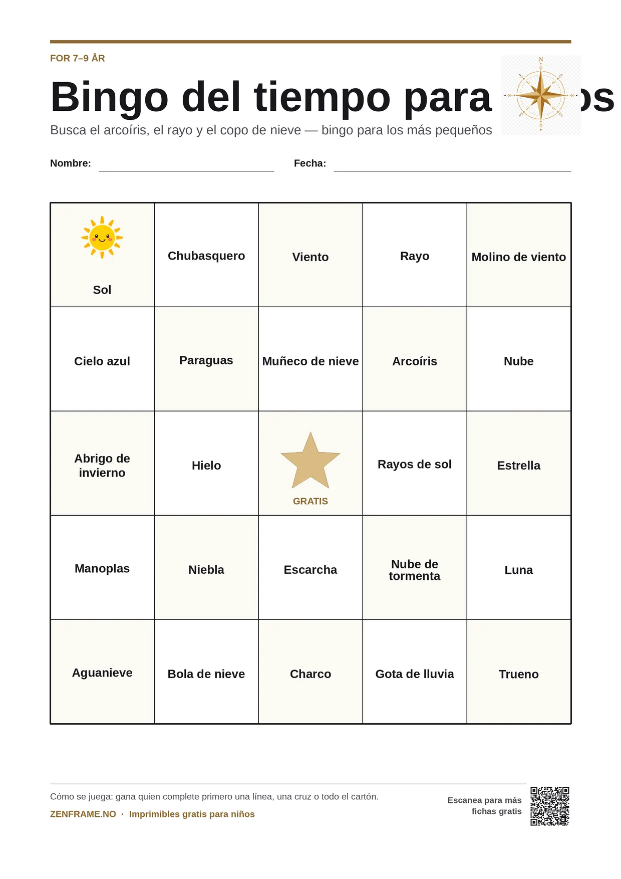 Bingo del tiempo para niños 7–9 años – tablero A4 gratis para imprimir